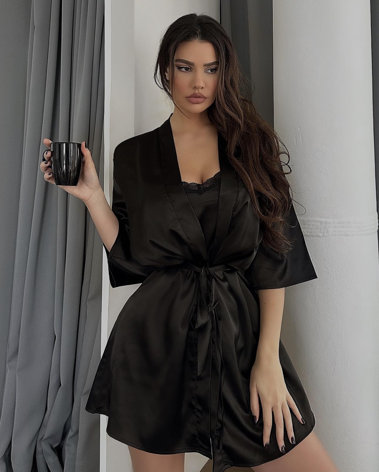 Ekouaer Damen Morgenmantel & Nachthemd Satin Zweiteiliger Nachtwäsche Set Seiden Bademantel Kurz Negligees 2er Pack