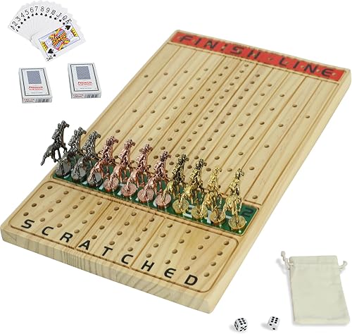 Juego de mesa de carreras de caballos, madera maciza gruesa con 11 lujosos caballos de metal clásicos duraderos con 2 dados y 2 cajas de cartas,
