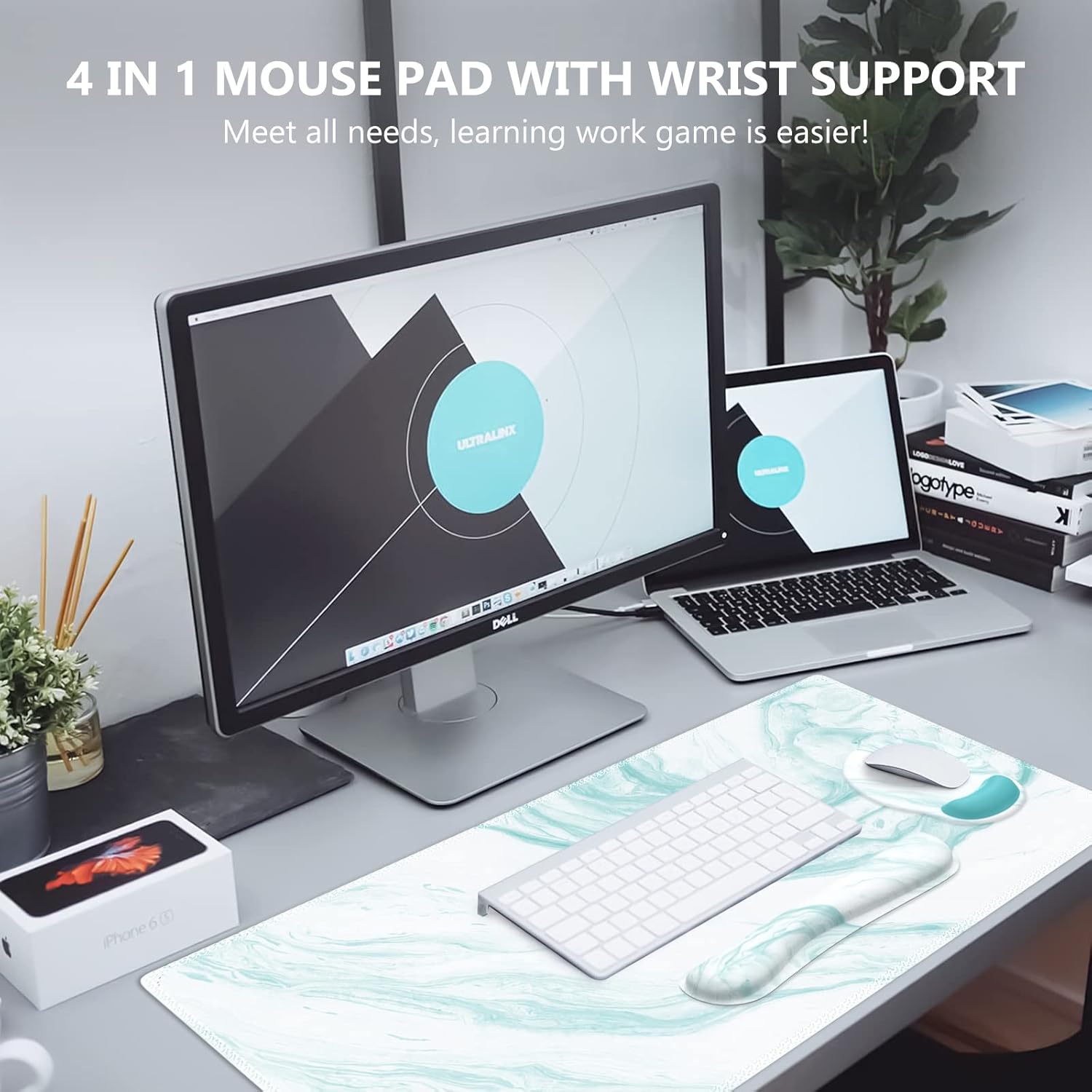 iLeadon Keyboard Mouse Pad Set, Large Gaming Mouse Pad + Keyboard Wrist Rest + Mouse Pad with Wrist Support + Coaster, Easy Typing Pain Relief, 4in1 Desk Mat Set for Home Office, Teal Turqoise Marble