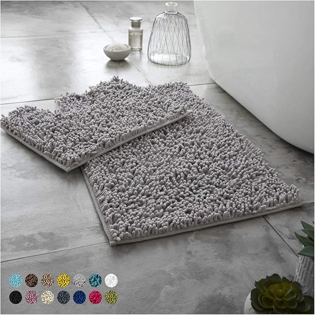Lions Luxury Loop Bath Pedestal Mat 2 Piece Set Washable Bathroom Toilet Mats (Silver, Normal)
