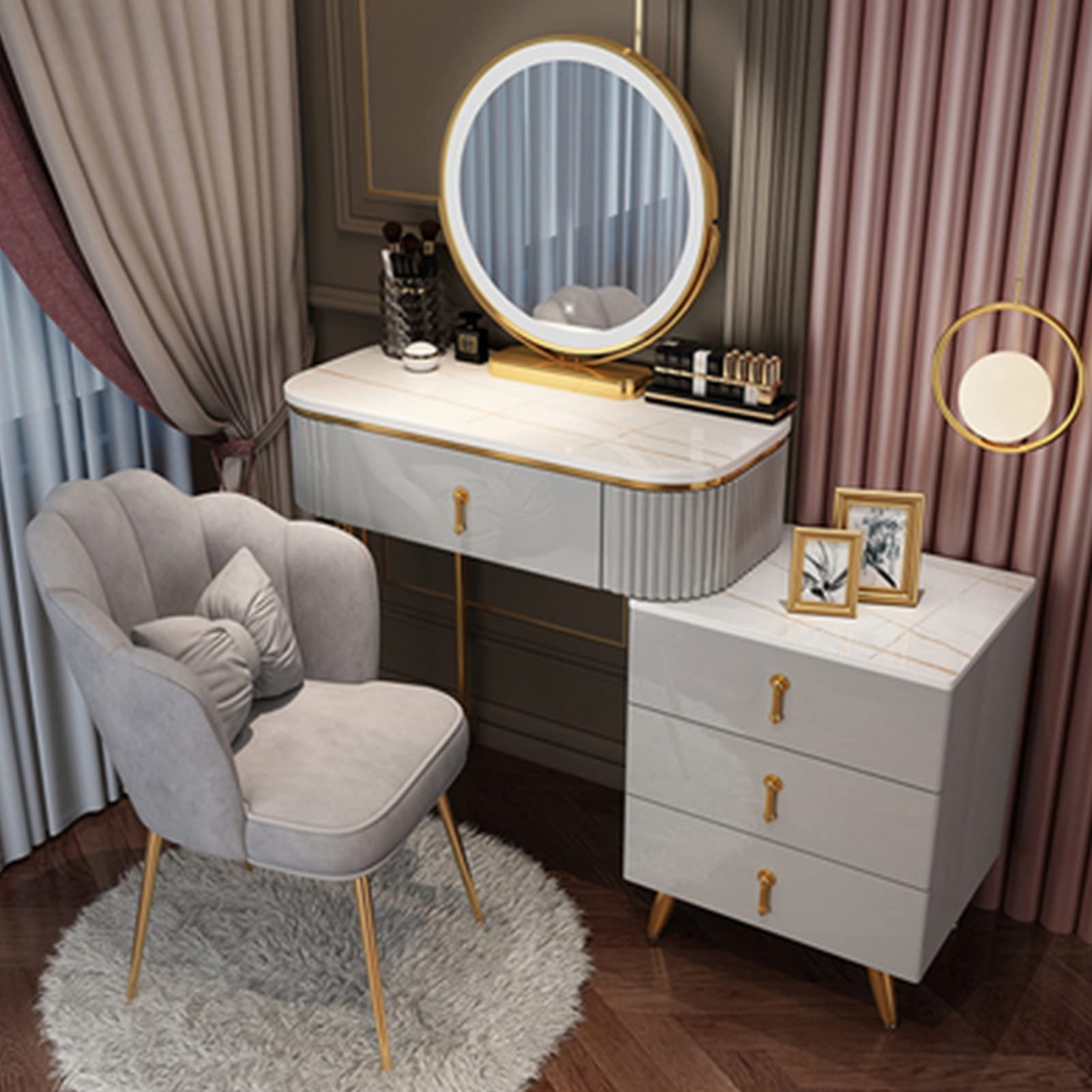 asdchZen Modern Dressing Table Set With Led Light Mirror, Movable Nightstand, Cushioned Stool, Stylish Makeup Vanity For Women & Girls-White, 100Cm/39.3In,Gray B-80cm/31.4in