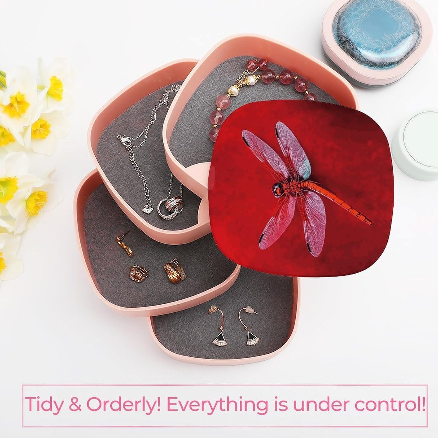Dragonfly on Red Background 4-Layers 360°Rotating Jewelry Box image 5