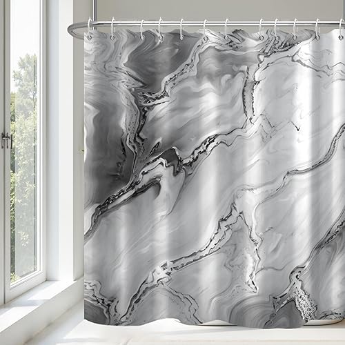 Cortina de ducha de mármol gris impermeable de tela con ganchos, decoración de baño, 72 x 72 pulgadas