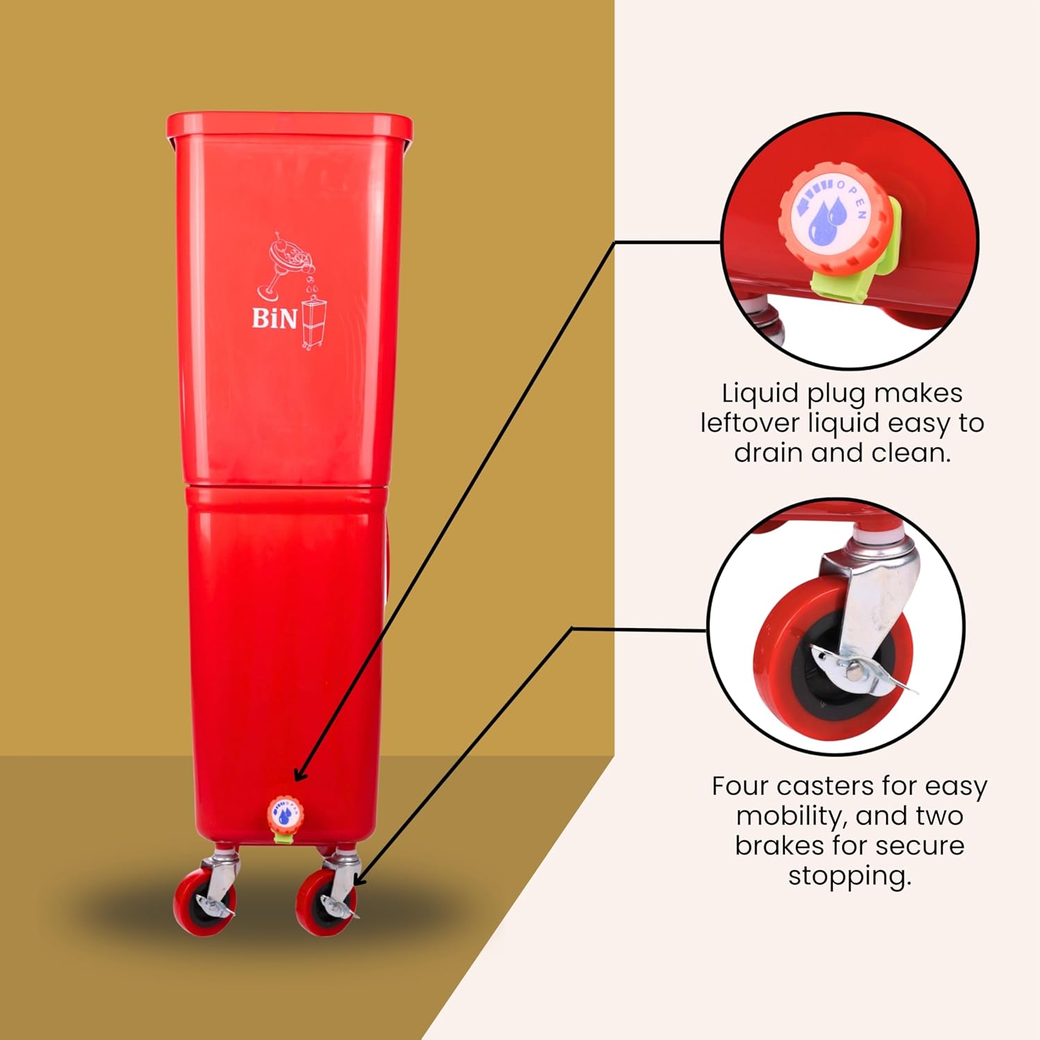 Dual-Compartment Drink Dump Bin with Locking Wheels, HDPE, 16x10x36 Inches, for Bars, Restaurants & Events (Red)
