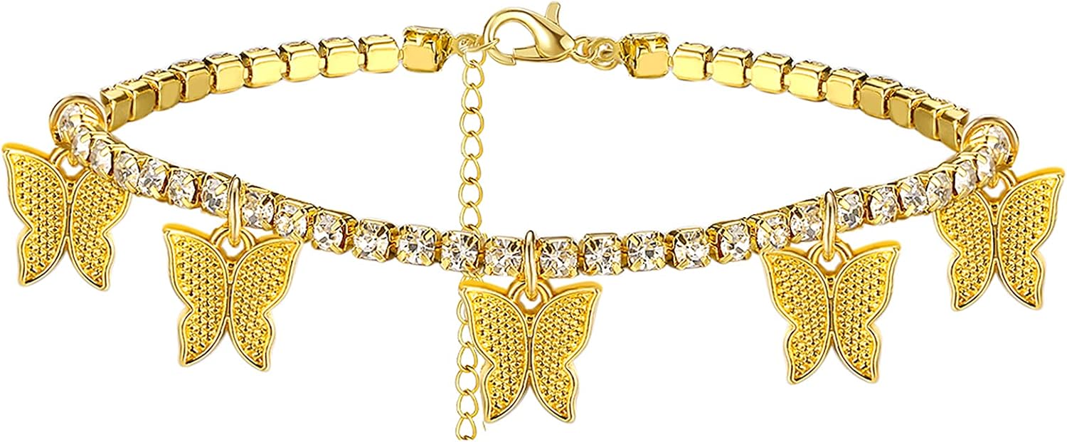 choice of all Butterfly Anklet Bracelet Boho Beach Charms Tennis Anklets Adjustable Summer Foot Chain Jewelry for Womens (Gold butterfly anklet)