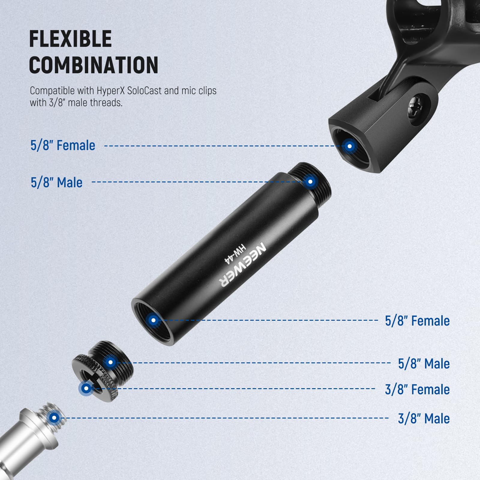 NEEWER Kit Accessori per Estensione di Supporto Mic (6 Pezzi), Tubi di Prolunga per Asta Microfono in Lega Alluminio e Adattatori da 5/8" Maschio a 3/8" Femmina per Braccio da Tavolo Boom Arm, HW-44