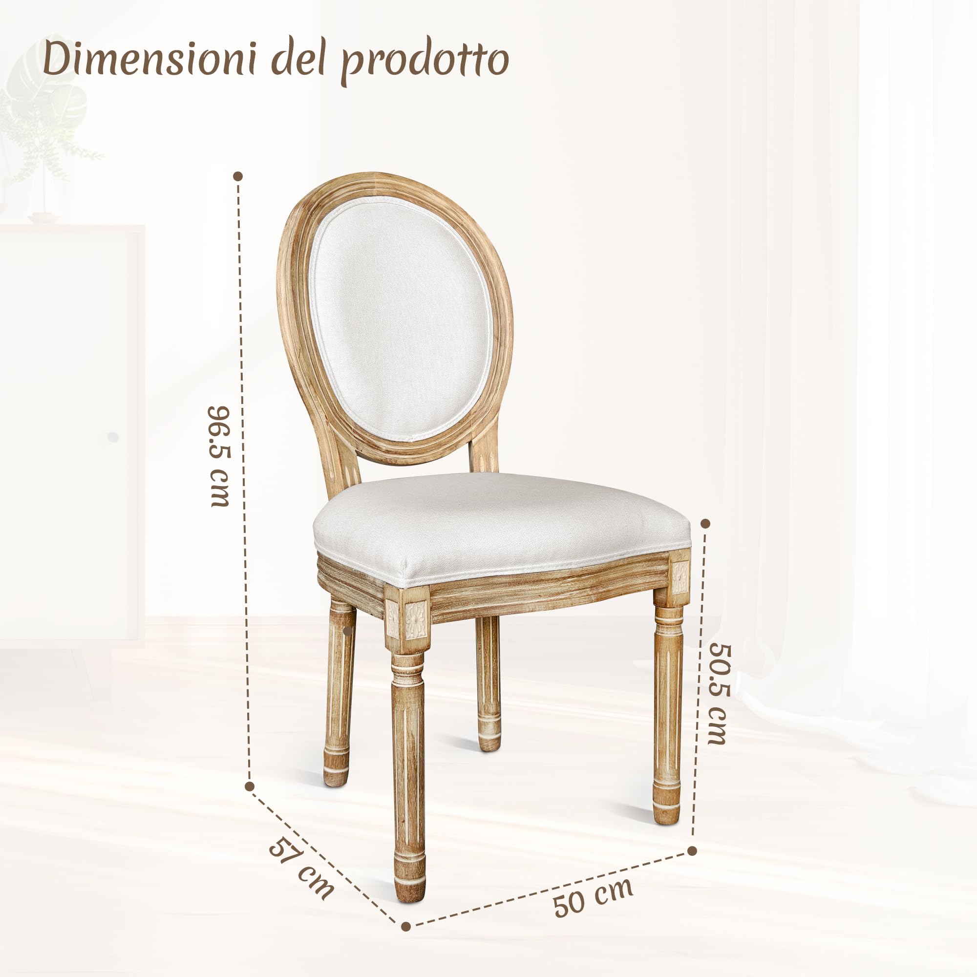 BonVache Set di 2 sedie da cucina in stile retrò, con schienale ovale classico, effetto lino e legno massiccio, spesse imbottite, per sala da pranzo, studio, soggiorno, bianco gesso