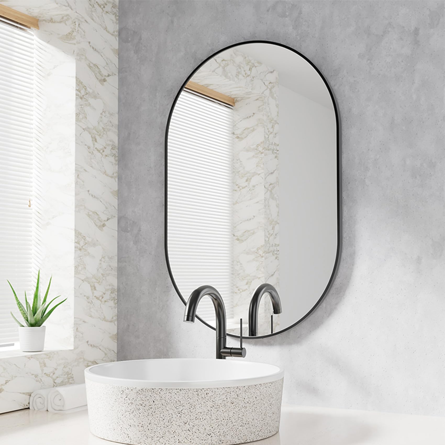 Specchio da parete ovale con telaio in metallo – Specchio da bagno in design moderno, montaggio a parete, Nero o Oro (Nero, 80 x 40 cm)