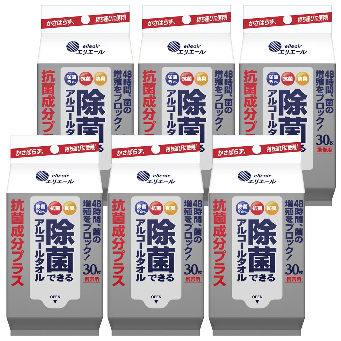 大王製紙 エリエールアルコールタオル除菌ウィルス携帯用 30枚　6個×6口 エリエール 除菌できるアルコールタオルウィルス除去用携帯用30