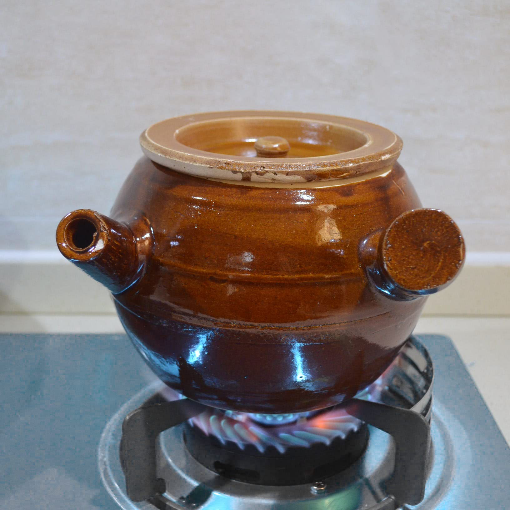 Cacerola de arcilla de 2400 ml, resistente al calor, hecha a mano, para servir con tapa, boquilla de sopa (todo marrón)