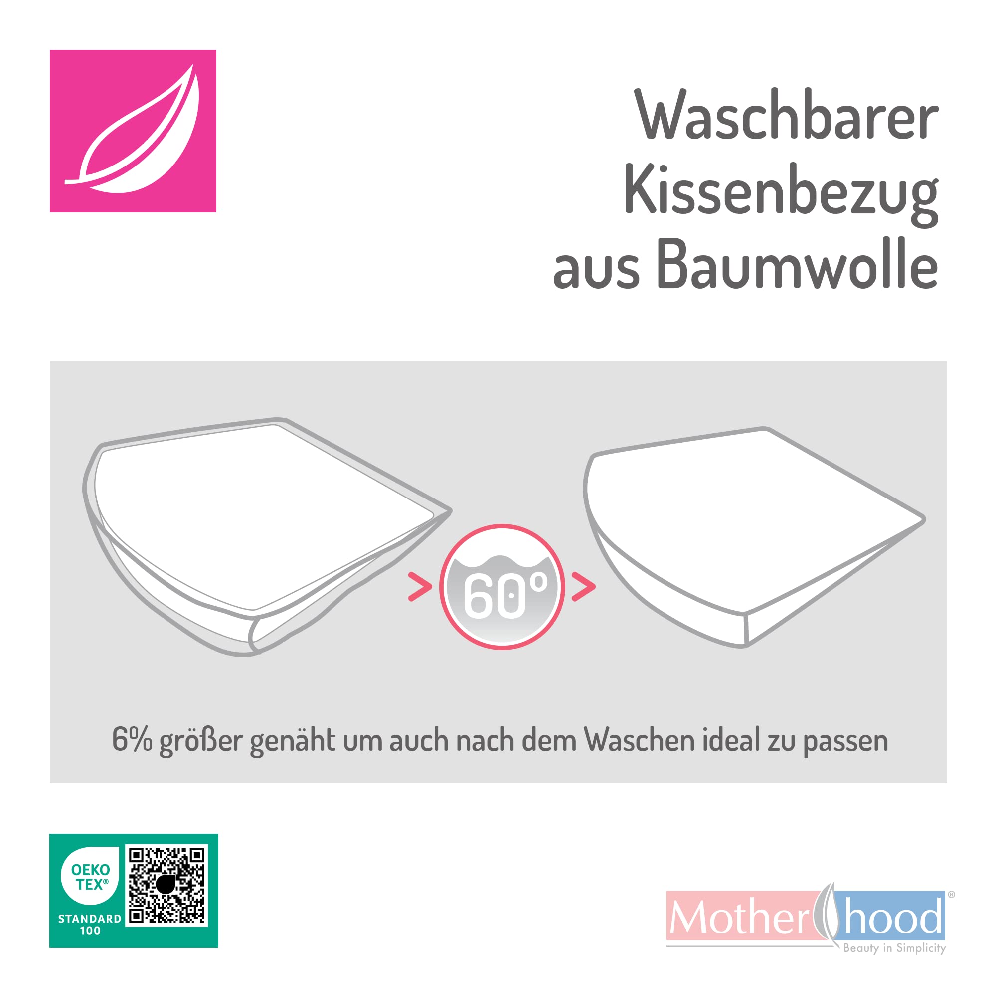 MOTHERHOOD Baby Keilkissen 30x30cm ideal für Kinderwagen, Stubenwagen, Öko-Tex Standard 100. Inkl. abnehmbarem Bezug aus 100% Baumwolle, Blatt rosa classiscs