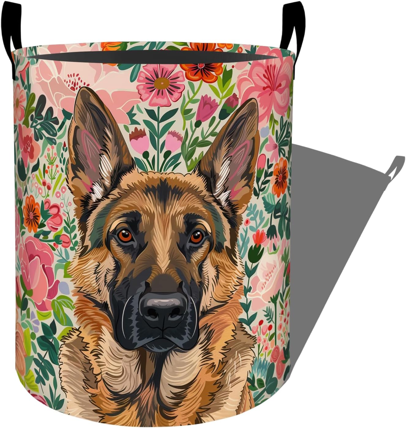Noble German Shepherd with Floral Laundry Basket with Handles, 19.7"x15.7" Clothes Foldable Laundry Hamper Organizer for Dorm Nursery Bedroom Bathroom Decor, Toy Storage Bin for Kids