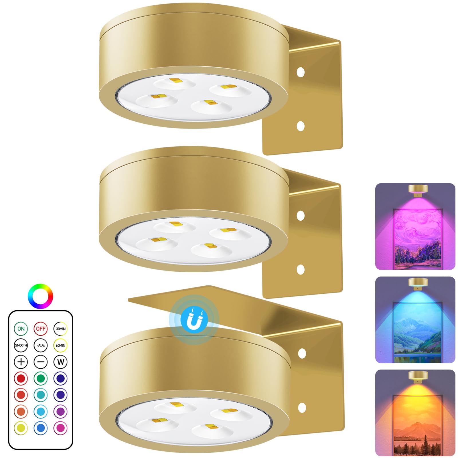 RGB Picture Light Battery Operated Painting Lights for Wall Wireless Magnetic Display Art Light with Remote Controls,Dimmable&amp;Timer for Art Frame Artworking,3Pack Gold