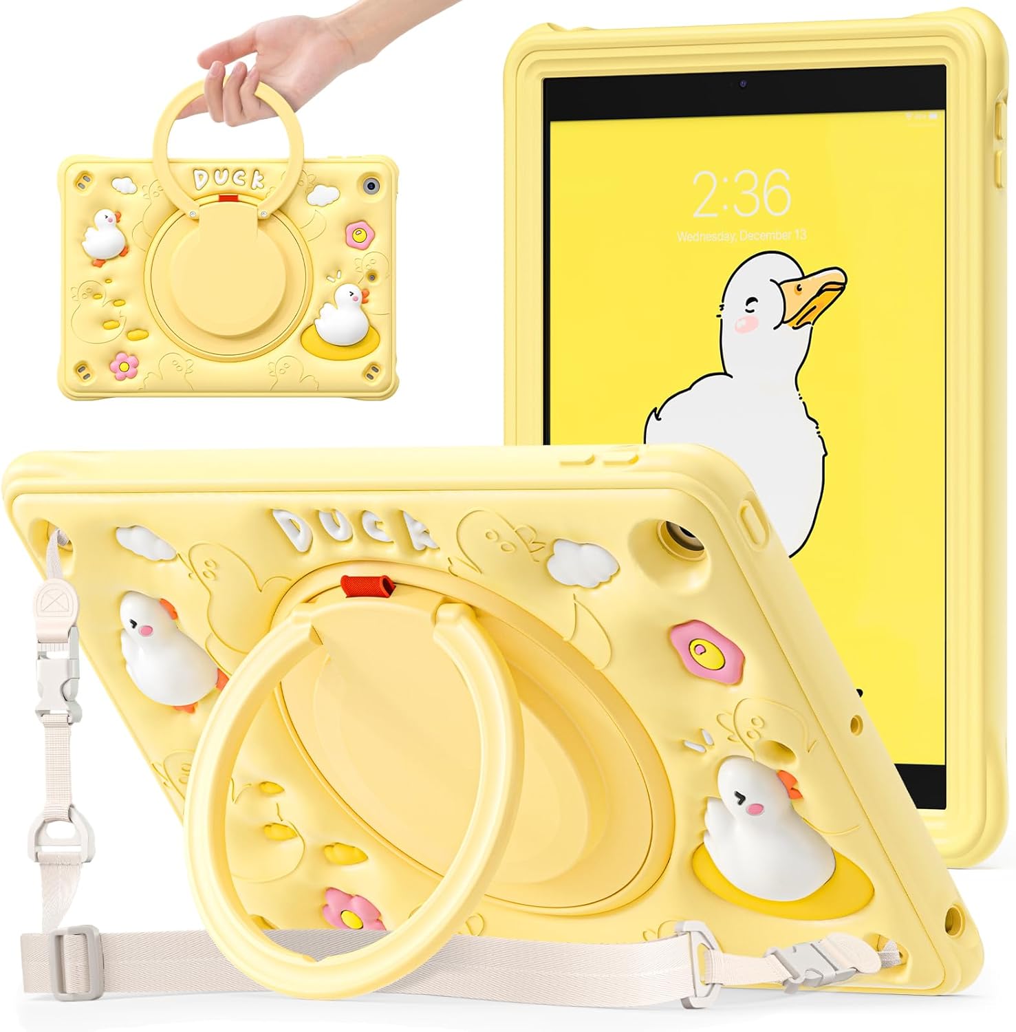 Shockproof Kids Case for iPad 10.2 2021/2020/2019 (9th/8th/7th Gen), Heavy Duty Dinosaur Design with 360° Rotating Hand Strap, Kickstand, Adjustable Shoulder Strap, Cute Protective Cover for Children