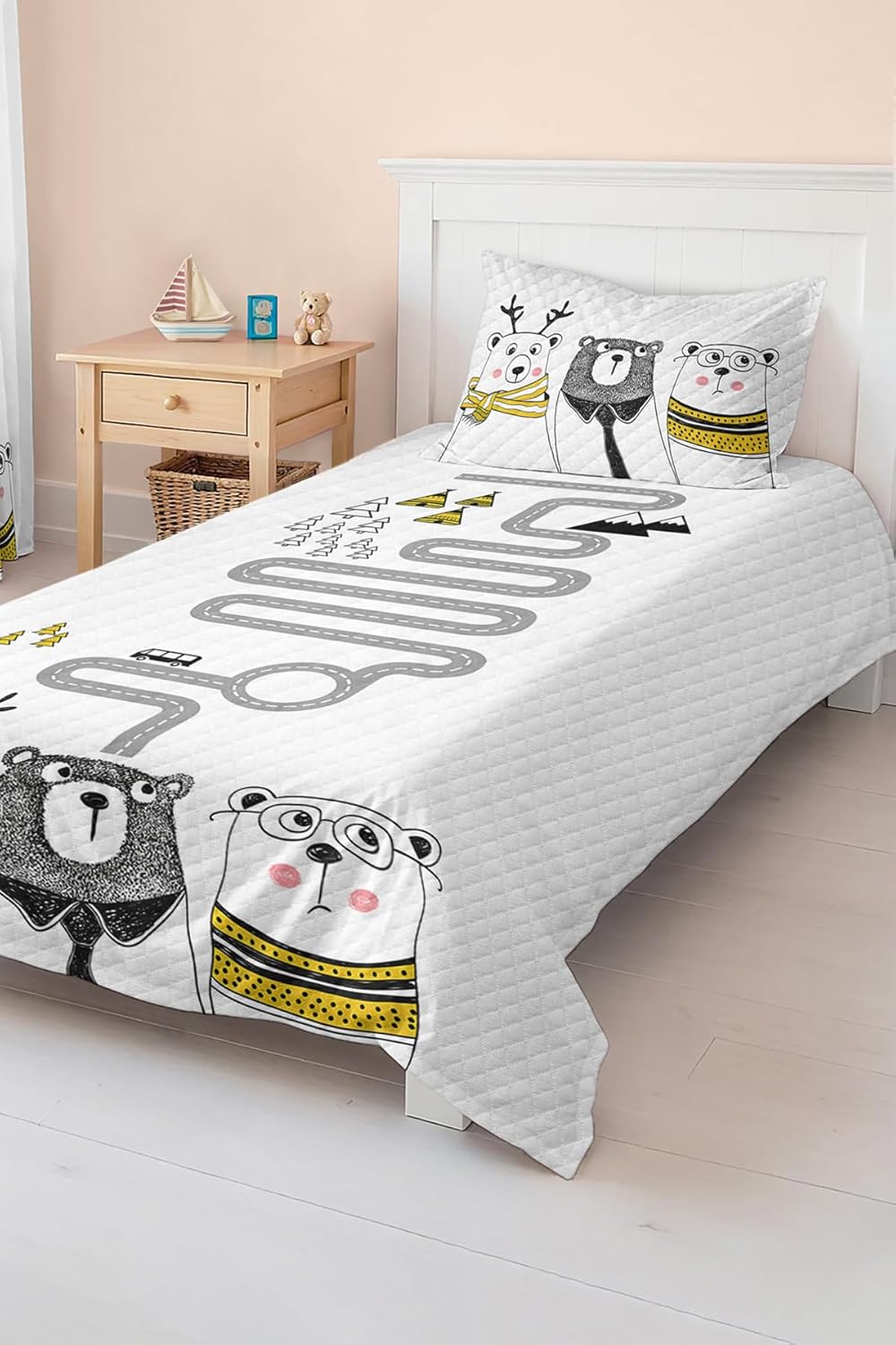 SODEF Quilt Set Twin Size Road Theme Cute Bear Pattern Kids and Teens Room Bedspread Coverlet, 2 Piece Cotton Polyester Blend Lightweight - Multicolor, One Size