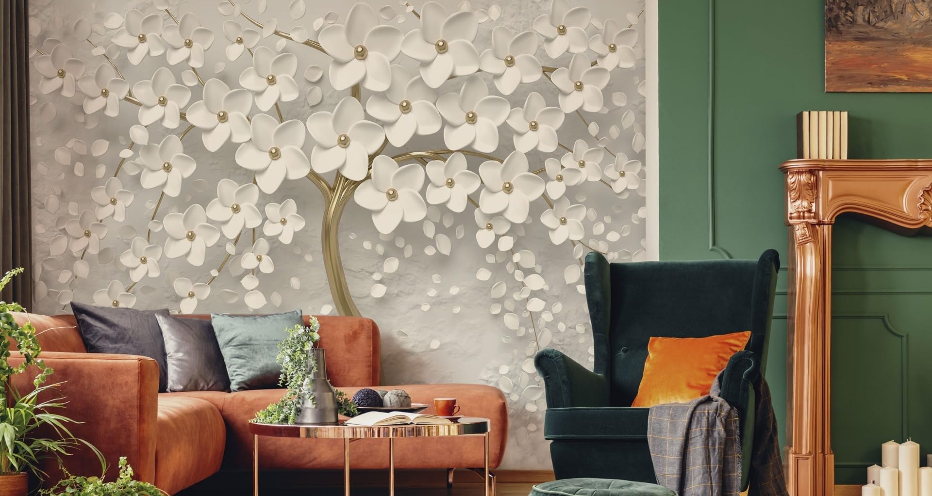 Muralo Tapete Vlies 3D, abstrakter Baum, weiße Blumen - 360x240 cm | Beeindruckendes 3D-Design, hochauflösender Druck - ideal für Wohnzimmer und Schlafzimmer, Ein außergewöhnliches Raumerlebnis
