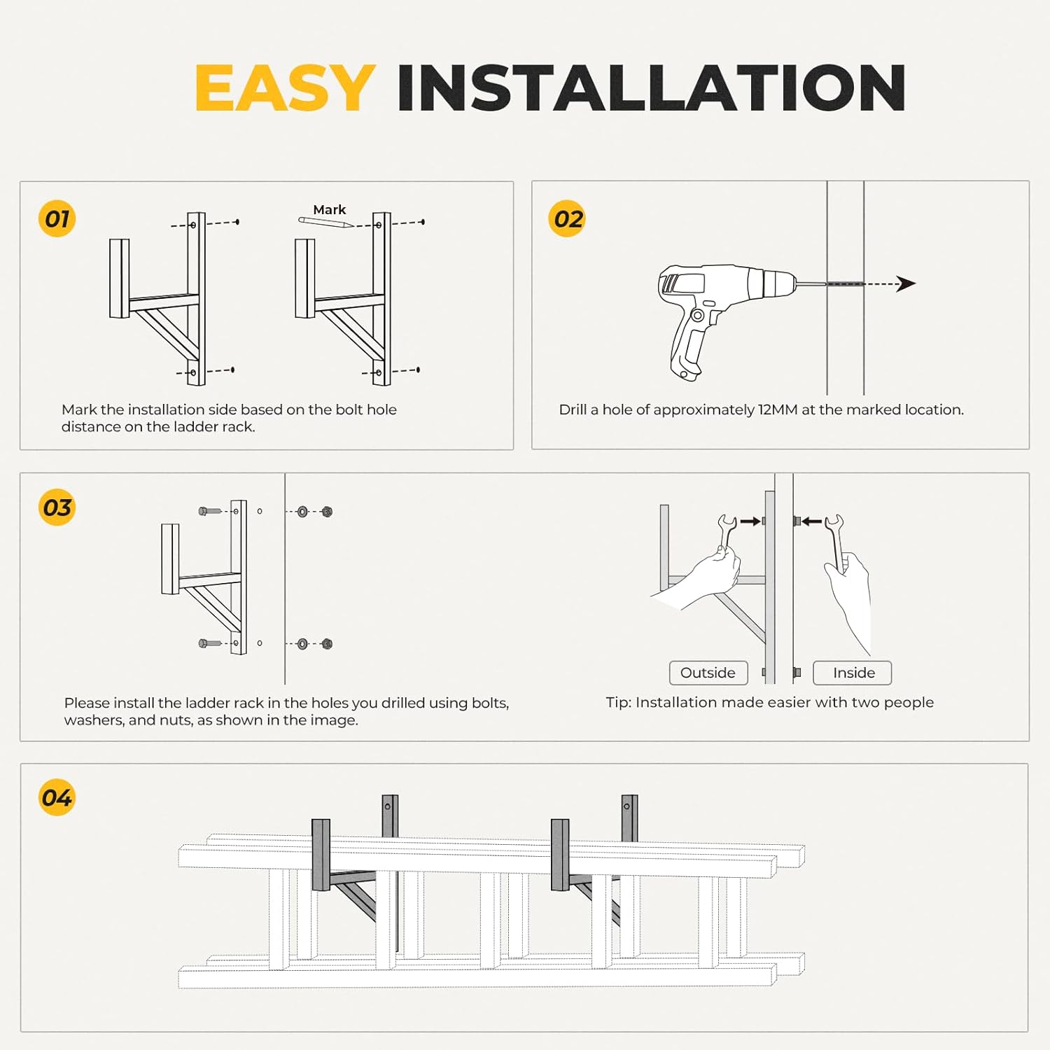 BougeRV Side Mount Trailer Ladder Rack, 2 Racks Heavy Duty Steel Ladder Racks with Bungee Cords Fit for Open and Enclosed Trailer Side Wall, 353 LBS Capacity, Carry 1 or 2 Ladders