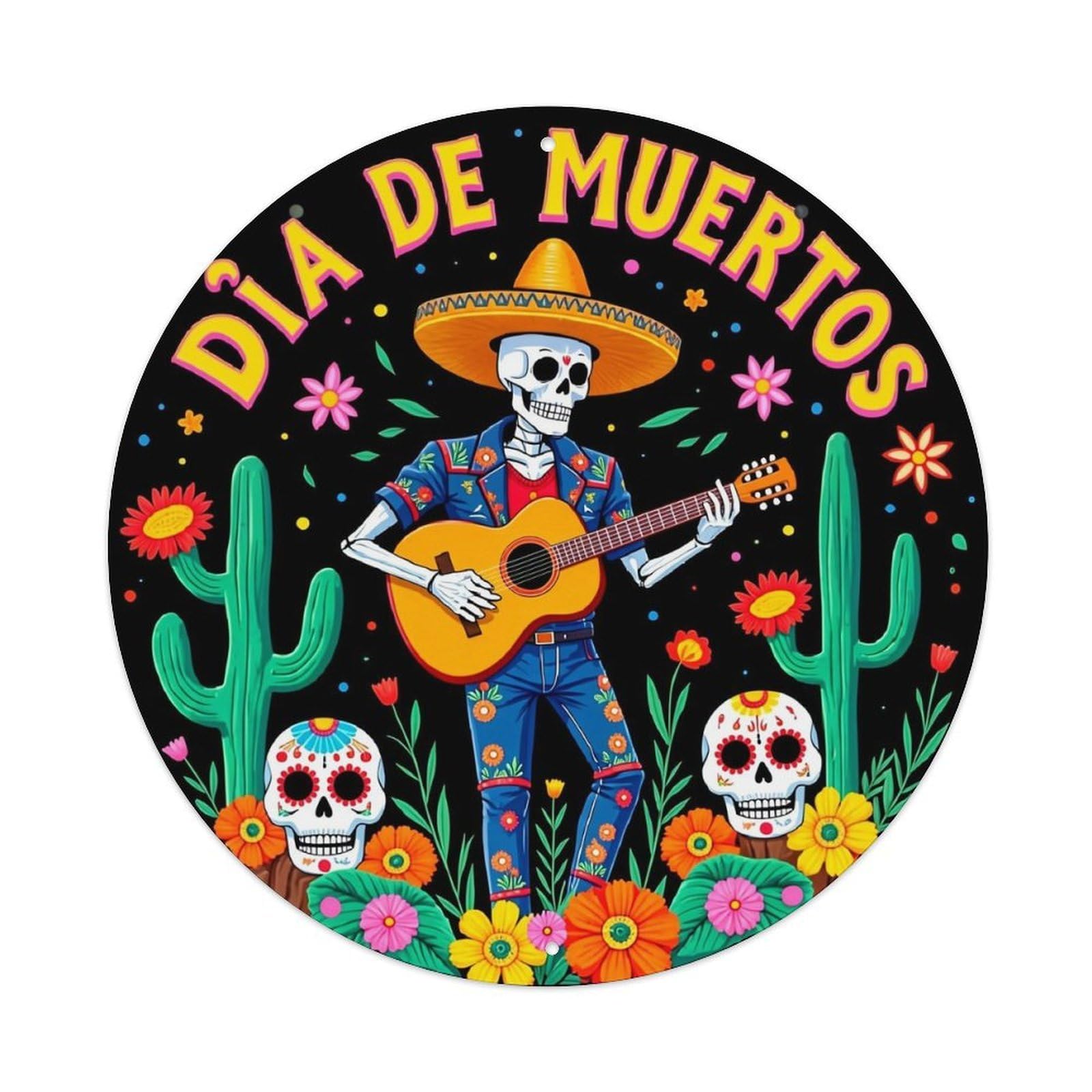 Day Of The Dead Music Retro Metal Sign Round Tin Sign, Vintage Decor Art Poster for Bar, Home, Man Cave, Kitchen, Laundry Room Gift 8x8Inch