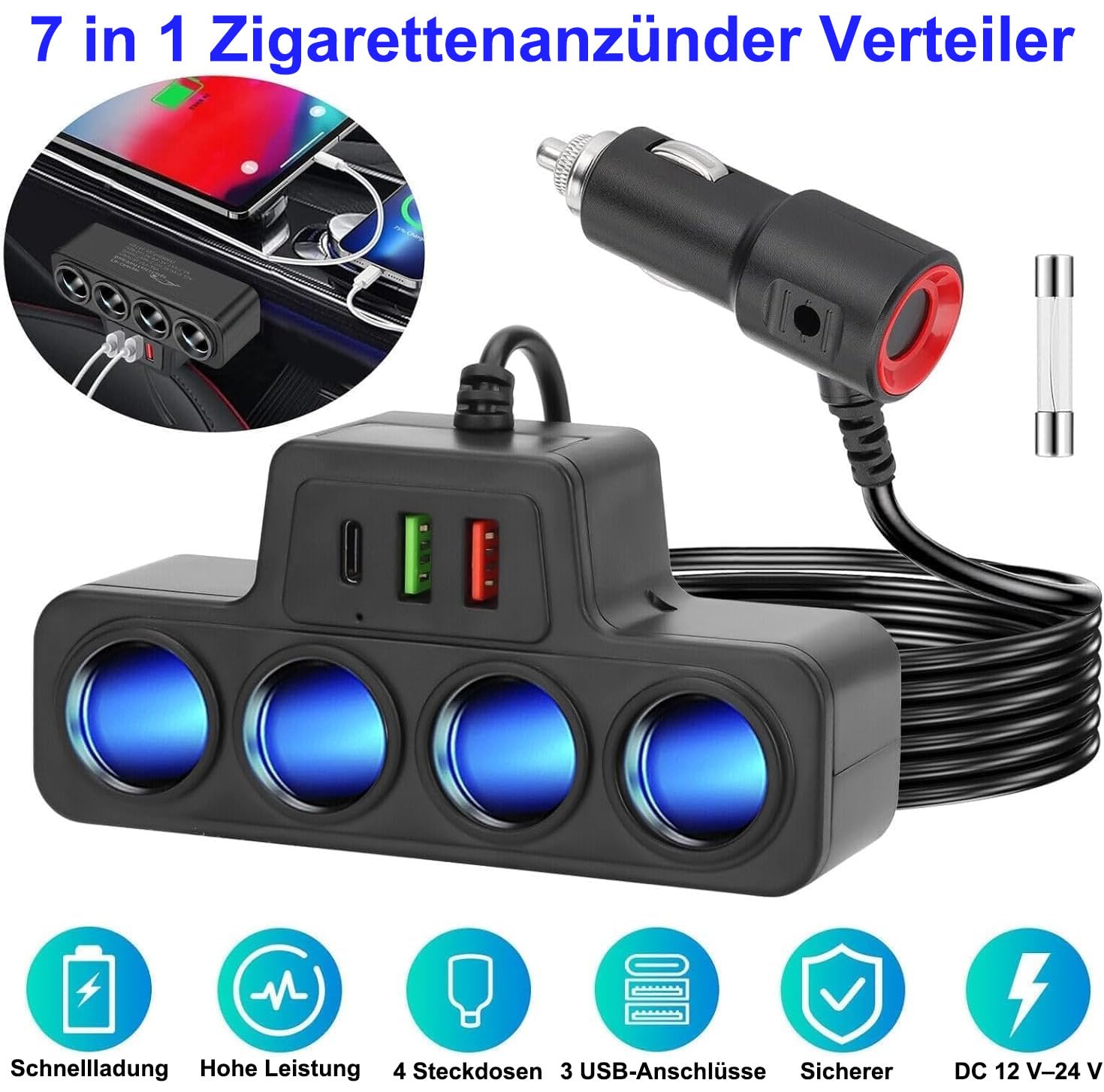 7-en-1 Multi Prise Chargeur Allume Cigare Adaptateur, 120W 12V/24V 4 Prise Chargeur Allume-Cigare avec 3 Ports(QC 3.0+USB 3.1+PD 3.1) Charge Rapide pour iPhone/Dash Cam/GPS/Tablette