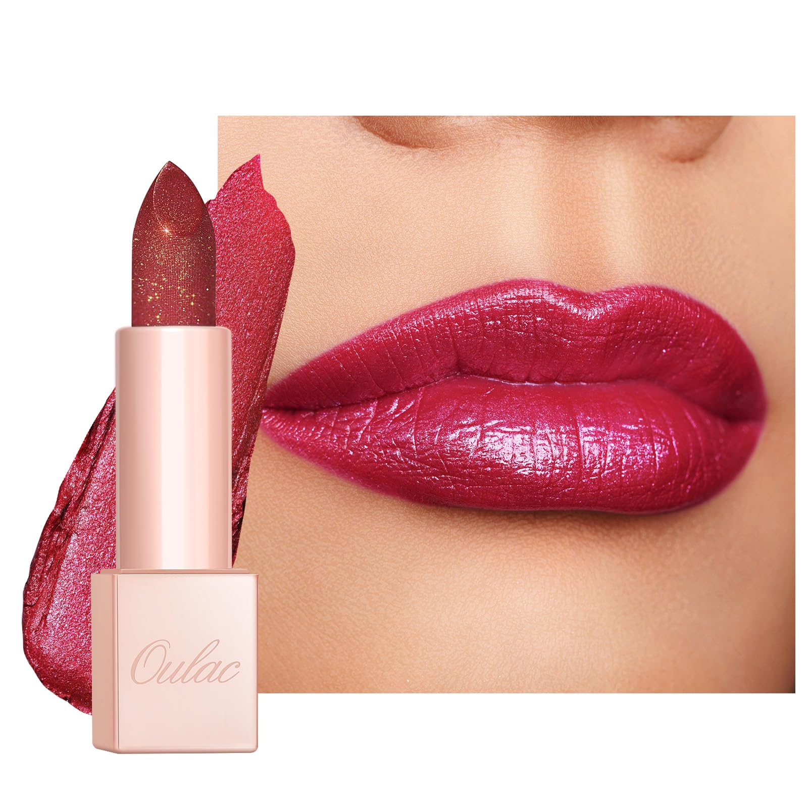 Oulac Red Glitter Lipstick - Rose Moisture Tinted Lip Balm, Metallic Sparkly Finish, Shiny lipstick, High Pigment, Creamy Brilliant Lip Color with Shea Butter, Vegan D03 Soirée Red-picture-27