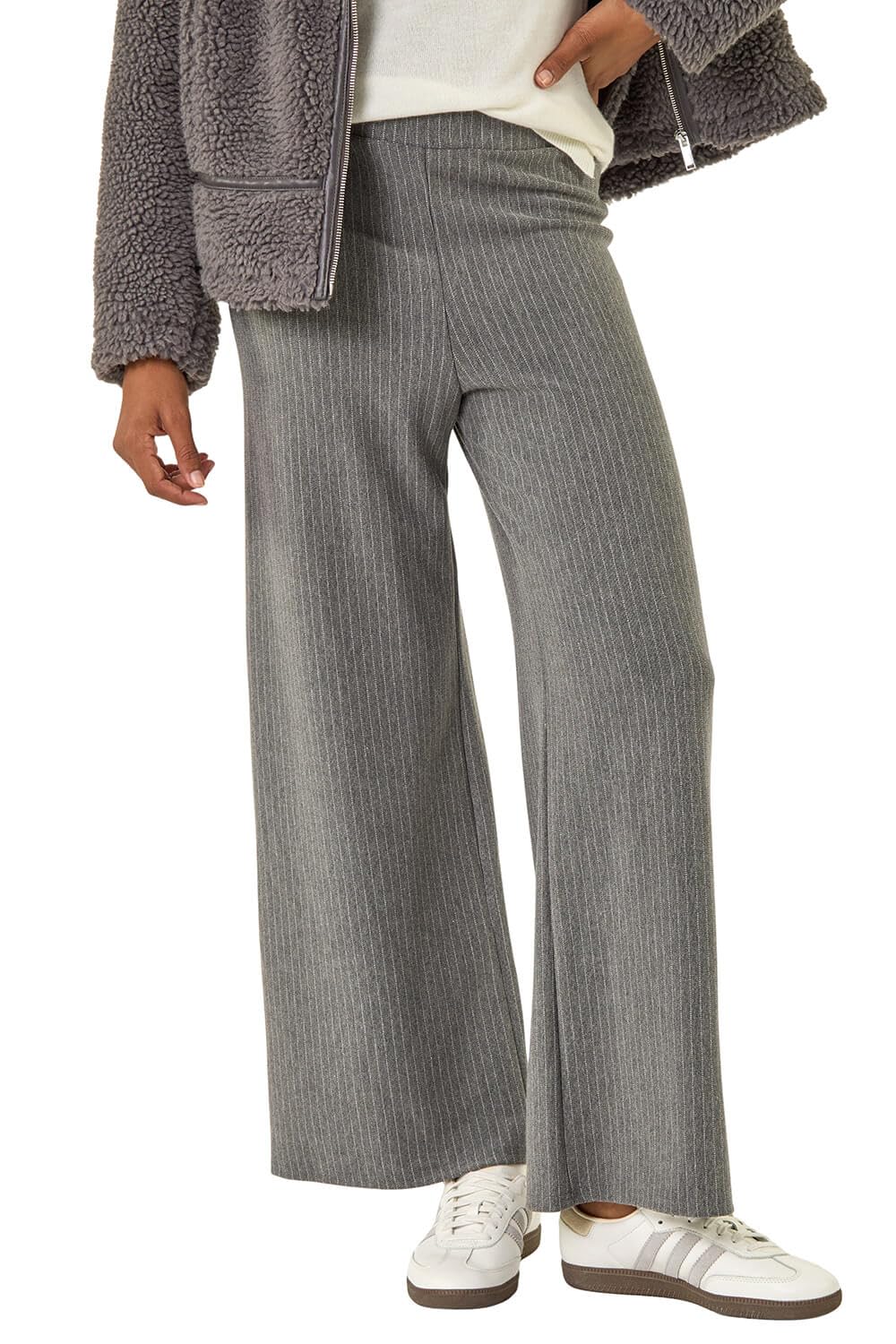 Roman Wide Leg Trousers for Women UK Ladies Palazzo Pants Evening Jersey Elasticated High Waist Smart Flared Culotte Office Work Going Out Loose Crepe Bottoms - Stripe Charcoal - Size 14