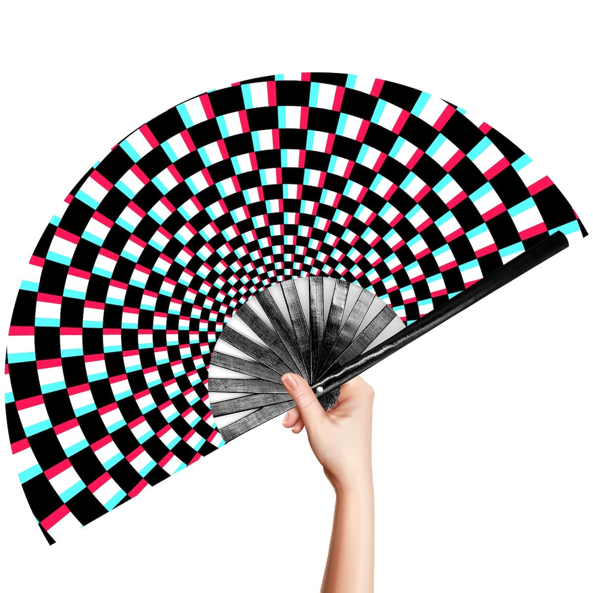 Omytea Men's Illusion Checkered Large Rave Clack Folding Hand Fan For /Wo - Chinese Japanese Bamboo Handheld Fan - For Edm, Music Festival, Club, Event, Party, Dance, Performance, Decoration, Gift (Illusion Checkered)