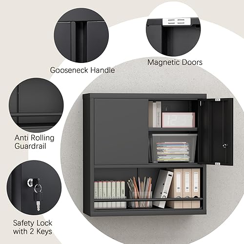 Miniatura 19 de LUCYPAL Armario de almacenamiento de metal con 2 puertas de bloqueo y 2 estantes ajustables, gabinete de almacenamiento con cerradura de acero para