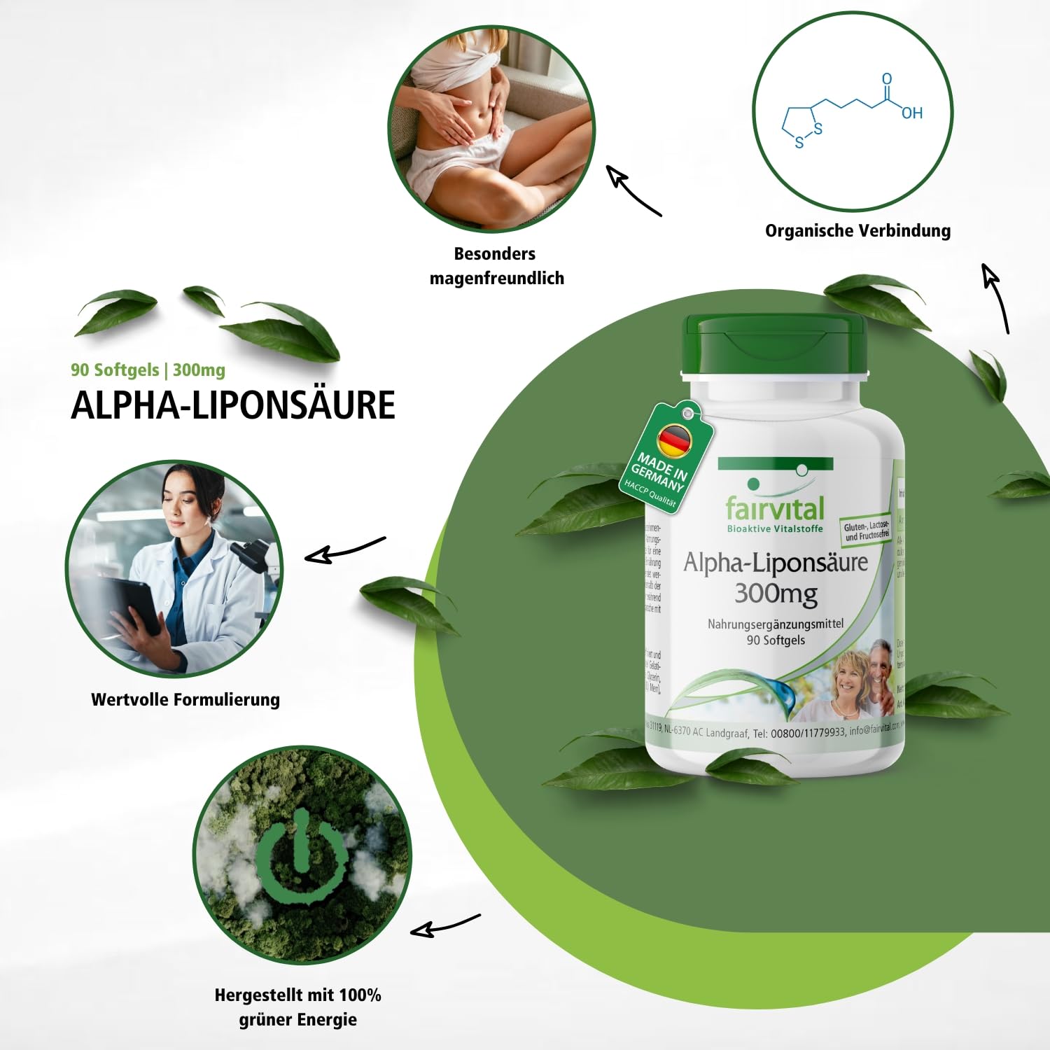 fairvital Alpha Liponsäure Kapseln 300mg (Alpha-lipoic acid, ALA), für 3 Monate, HOCHDOSIERT, 90 Softgels