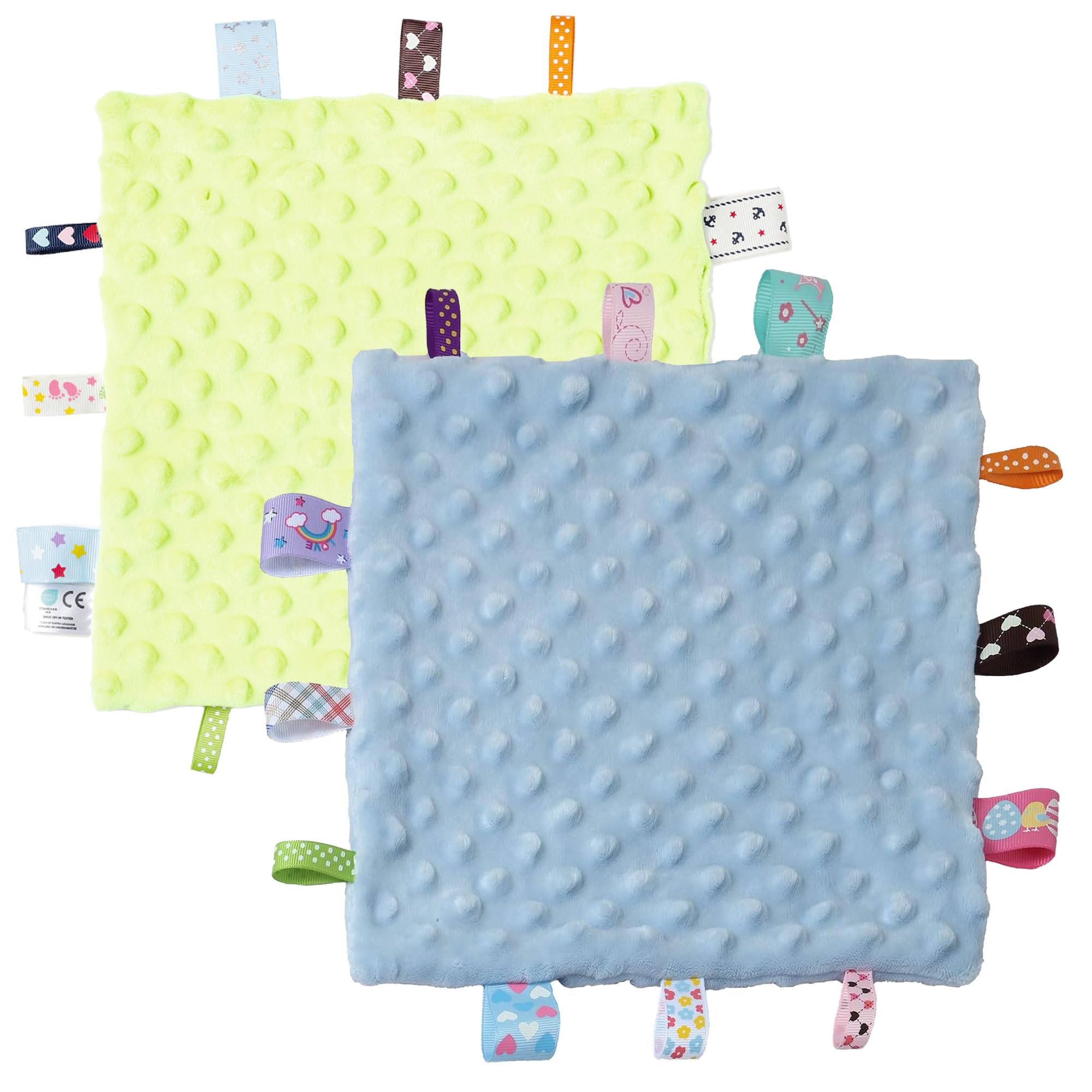 CREVENT Tag Security Blankets for Babies, Soft Small Loveys for Boys, Baby Comforter Sensory Blanket, Great Gifts for Birthday Baby Shower - 10"X10" Green + Blue