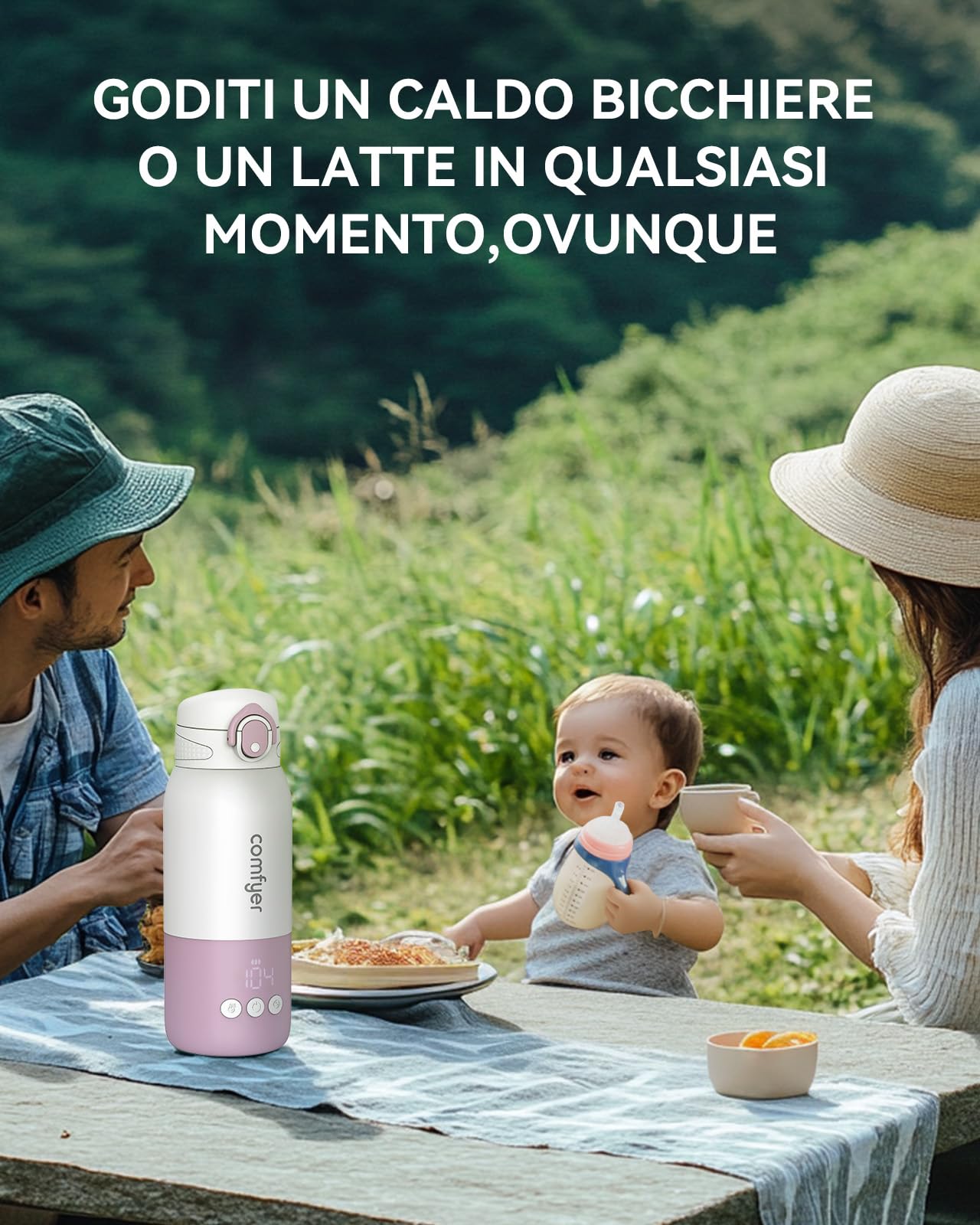 comfyer Scaldabiberon Portatile, Riscaldamento Rapido e Lunga Durata della Batteria, 2 Modalità per Latte Materno e Acqua, Grande Capacità di 340ml per Tutto il Giorno
