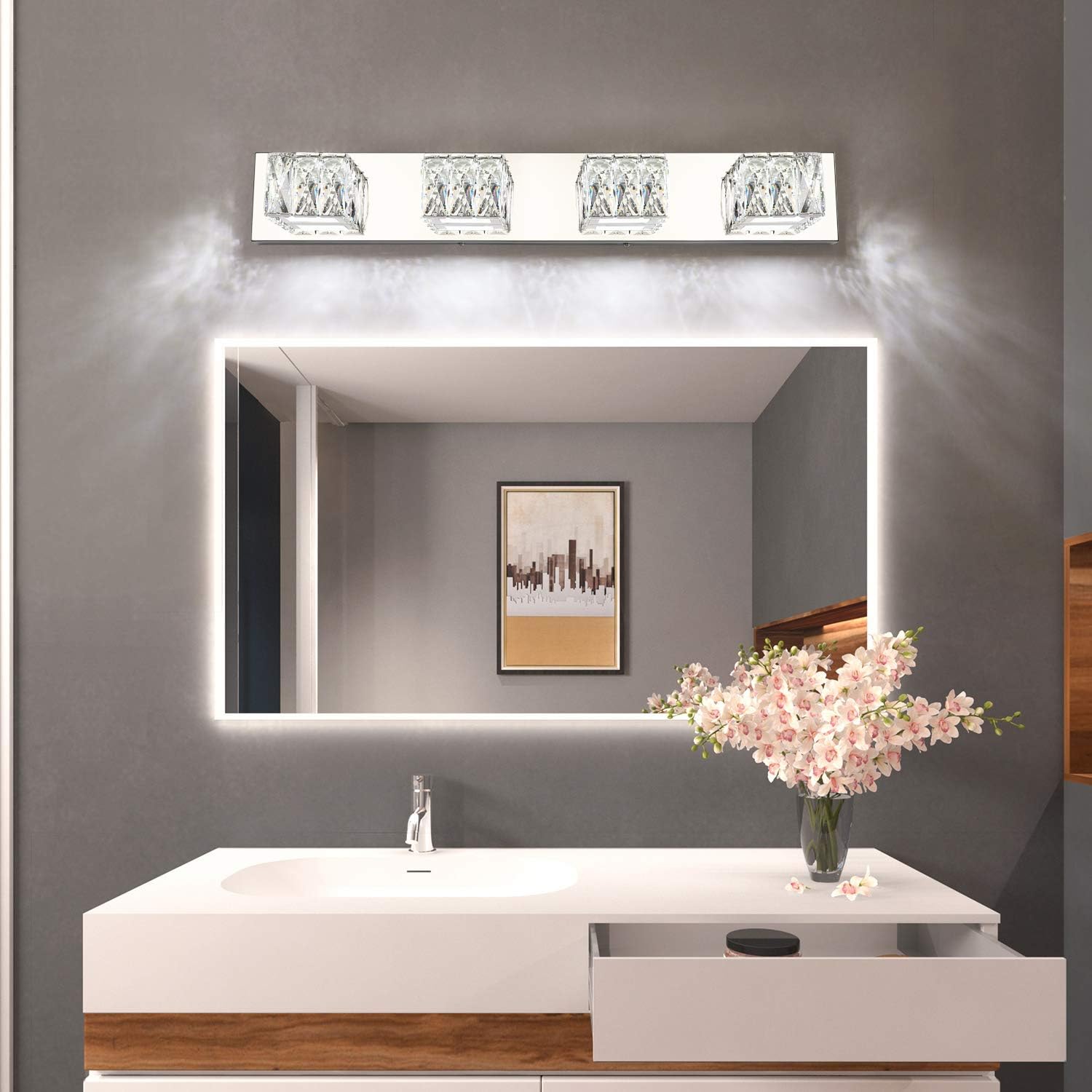 Weekly Top Sale SOLFART LED Bathroom Vanity Lighting Fixtures Modern Style Crystal Lights Over Mirror 4 Lights Super Deal Product SOLFART LED Bathroom Vanity Lighting Fixtures Modern Style Crystal Lights Over Mirror 4 Lights