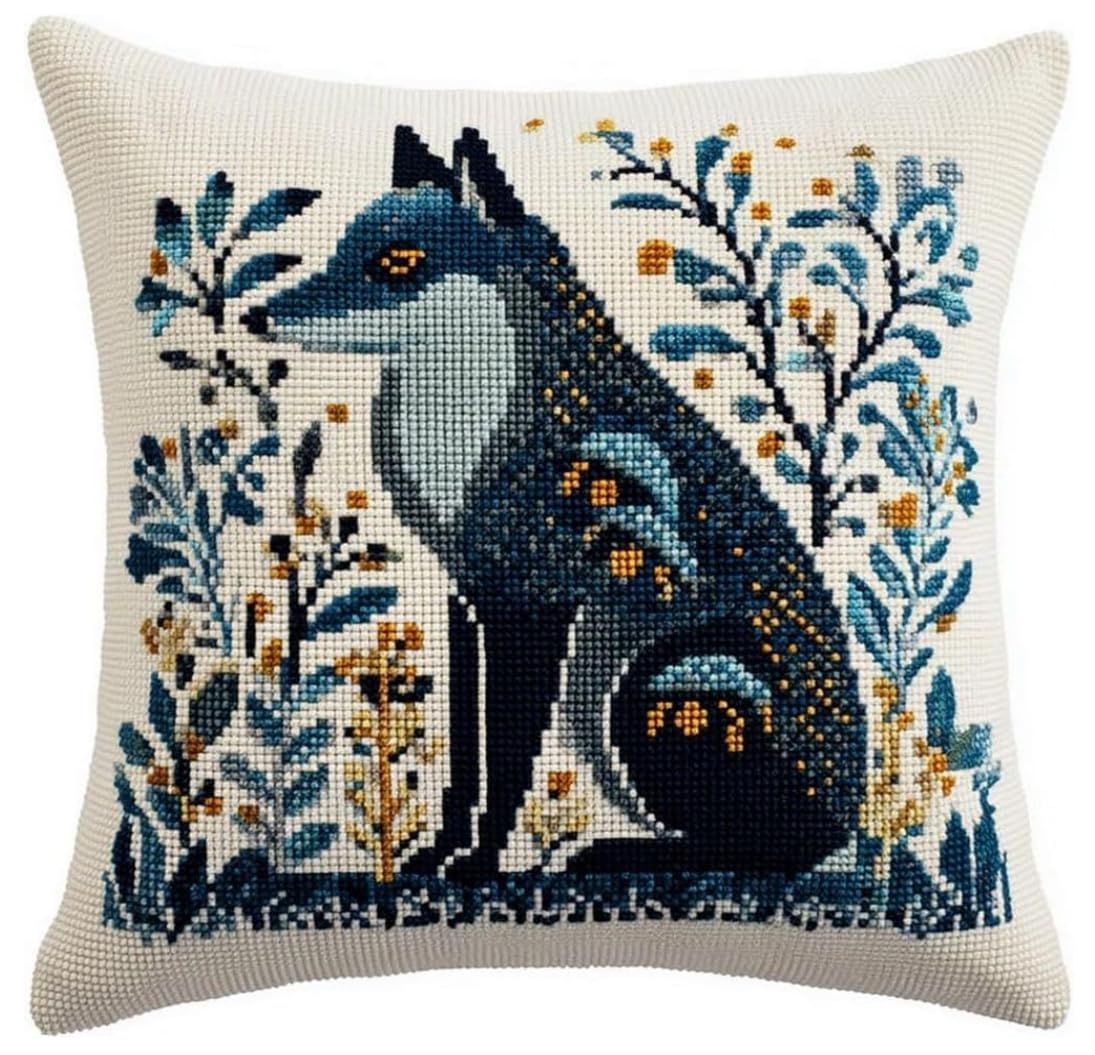NAHUIGOOD Stamped Cross Stitch Kit,Cartoon Fox 45X45Cm DIY Embroidery Cushion,Tapestry Pillow Kit for Living Room Sewing Supplies Adults Beginners Gift