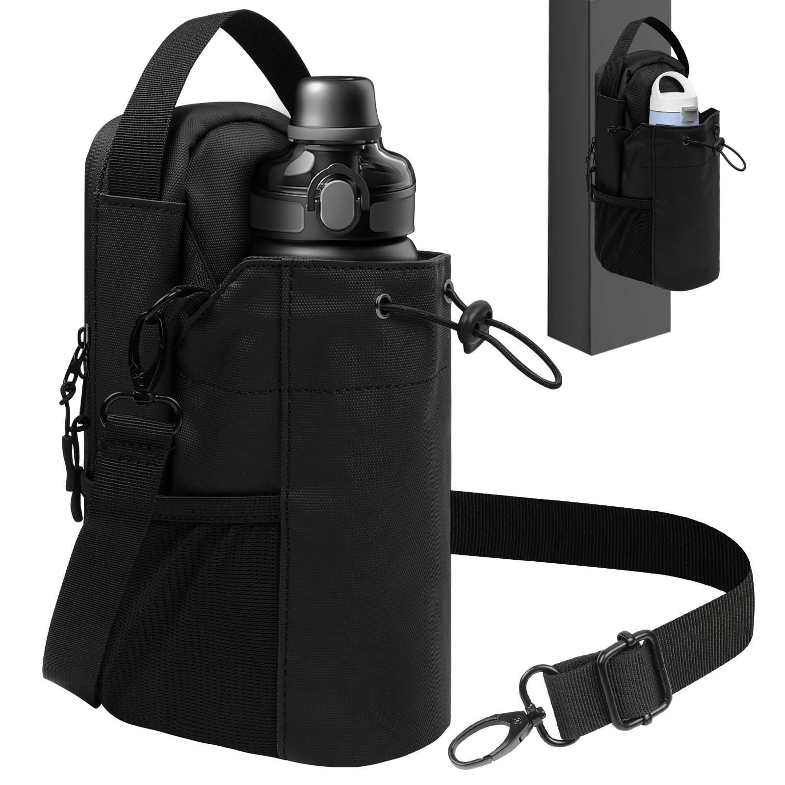 Alaoo Travel Water Bottle Bags, Water Bottle Carrier Bag for Hiking, Magnetic Gym Bag with Man and Woman for Outdoor, Climbing, Walking, Fitness, Black