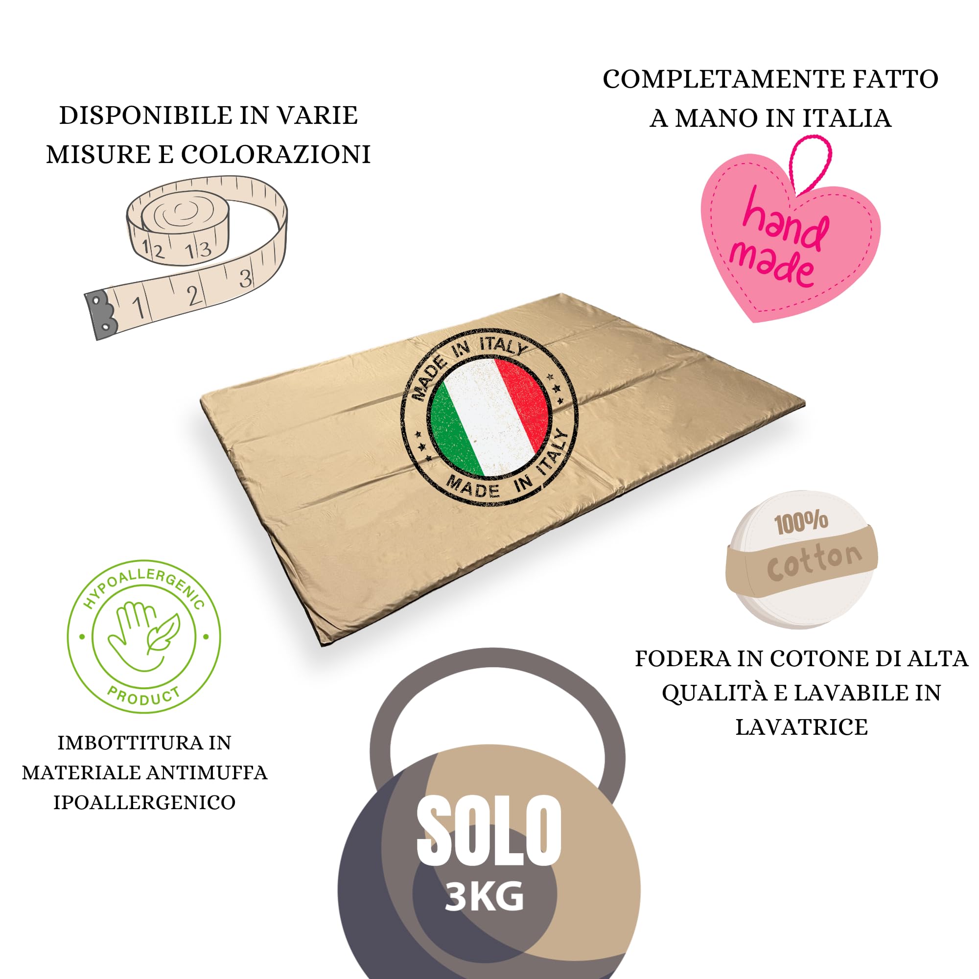 Tatami - Esterilla artesanal plegable para yoga, colchón para shiatsu hipoalergénico, futón transportable para operadores holísticos y masajes tailandeses - Lavable y desenfundable, fabricada en