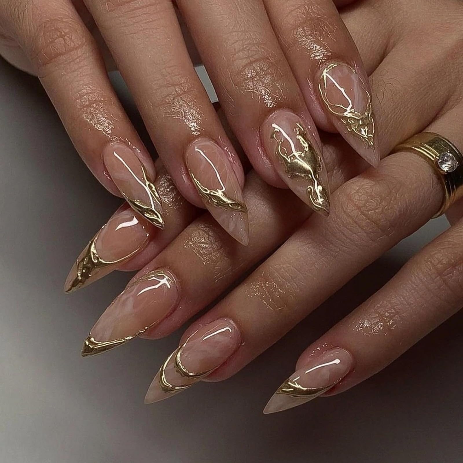3D Gold Curve Line Press on Nails Medium Almond French Tip Fake Nails False Nails with Gold Chrome Designs Glossy Gel Glue on Nails Acrylic Nails