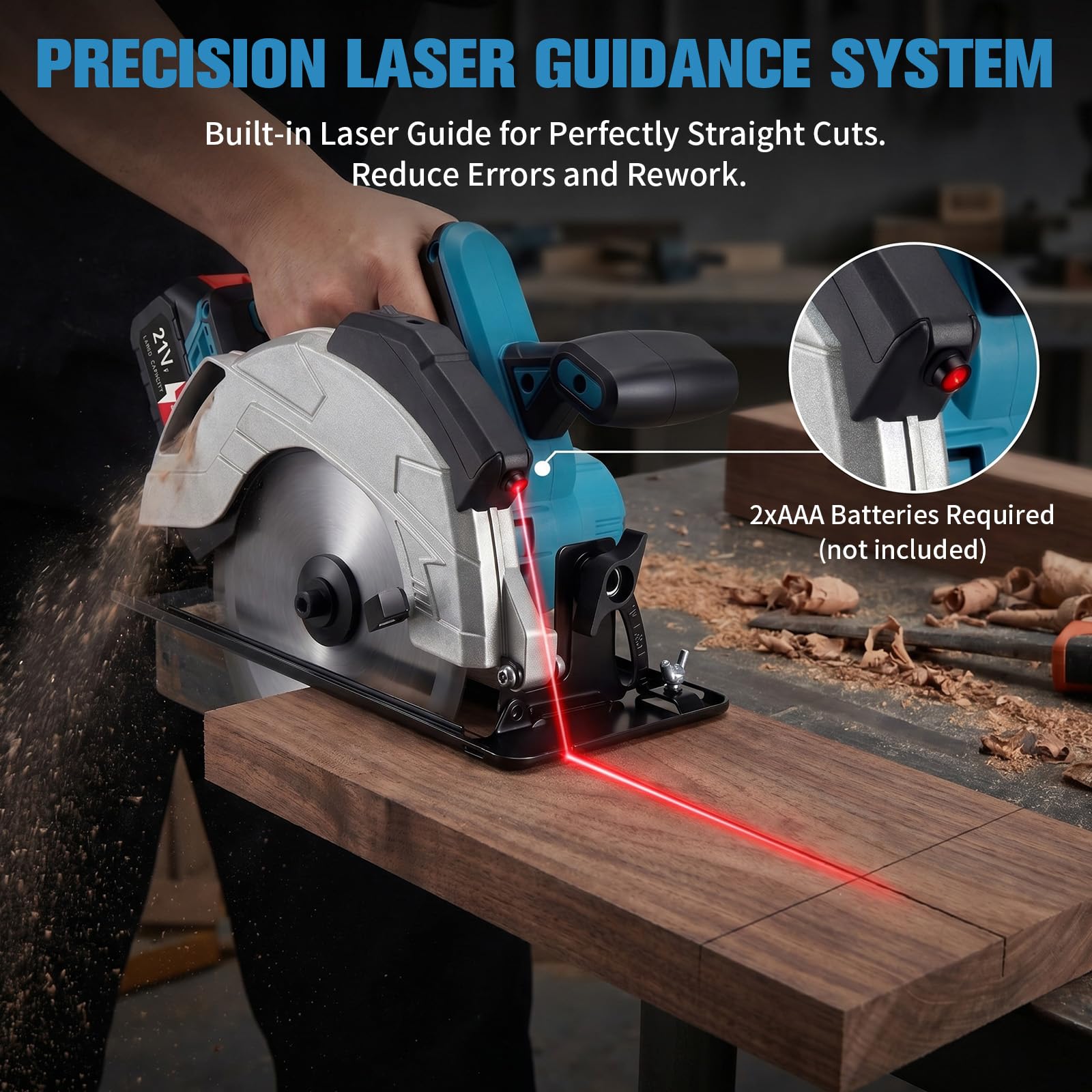 Akumulatorowa ręczna piła tarczowa 185 mm, kompatybilna z Makita 18 V – elektryczna piła tarczowa z wbudowaną prowadnicą laserową, silnik bezszczotkowy, 5000 obr./min, cięcie ukośne 0-45°, w zestawie