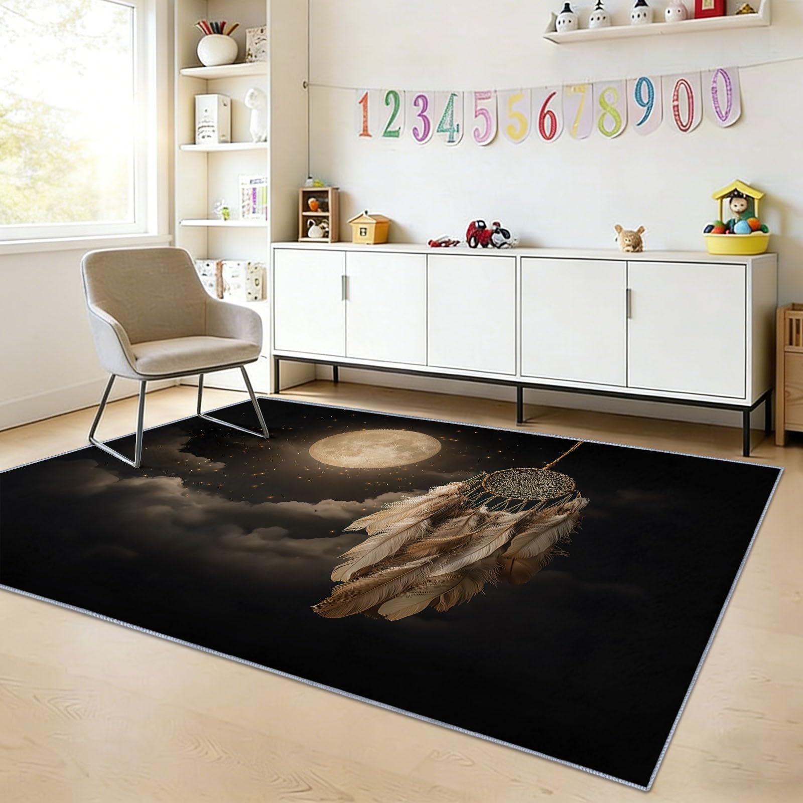 Waschbarer Wohnzimmerteppich Tiefschwarz, Boho Traditionell Sternenhimmel Traumfänger Flor Teppich rutschfest Weiche Teppiche Antirutschmatte für Schlafzimmer Meditationsraum Wohnzimmer, 80 x 150 cm