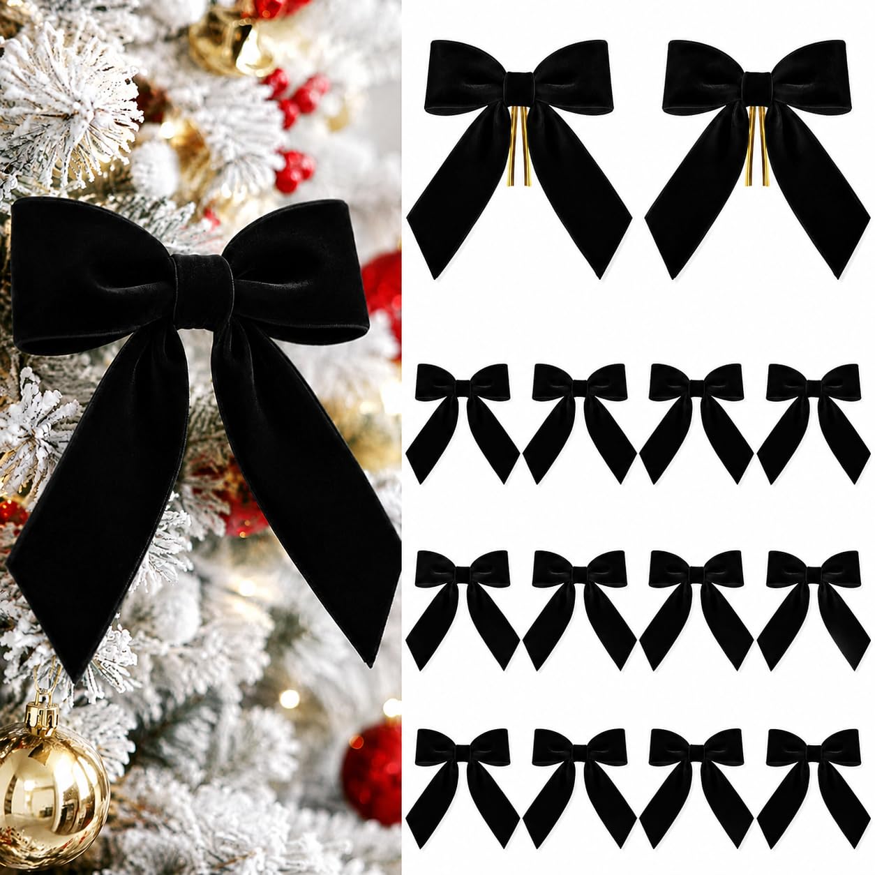 KINGLAKE 24Pcs 3.8cm Black Velvet Christmas Tree Bows with Twist Ties