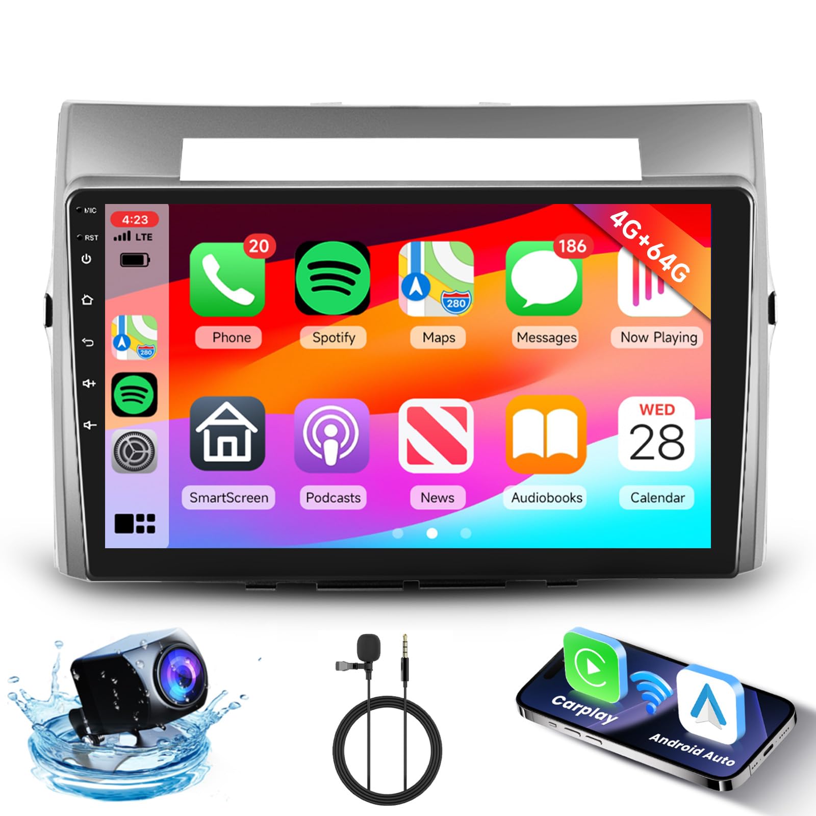 4GB+64GB Android Autoradio per Toyota Corolla Verso AR10 2004-2009 Carplay Android Auto Wireless, Hodozzy 9 Pollici Touch Screen Stereo 2 Din GPS Navigatore, Bluetooth, WiFi, DSP FM/RDS +Retrocamera