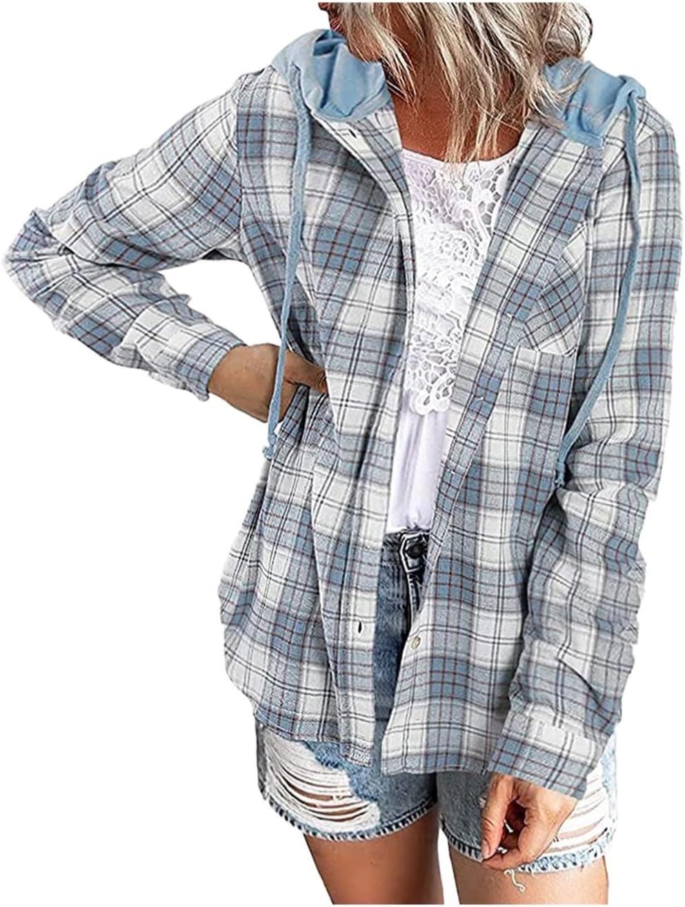 Jackets for Women Plaid Flannel Shirt Casual Long Sleeve Hoodie Button Down Drawstring Shackets Womens Fall Fashion 2023