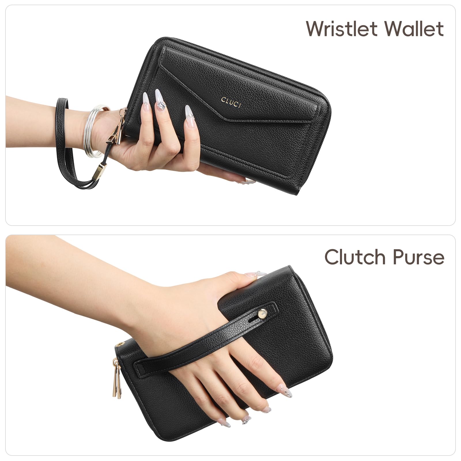 CLUCI Wallet Women Large Capacity Wristlet Purse for Women Long Ladies Wallet RFID Blocking Multi Credit Card Holder Black