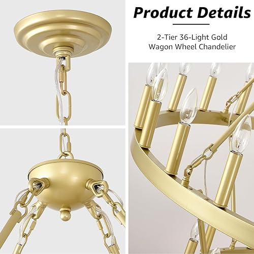 Miniatura 4 de EGM Candelabro de rueda de carro de 2 niveles, 30 luces, 40 pulgadas, extra grande, de níquel, redonda, rústica, para techos altos (2 niveles)