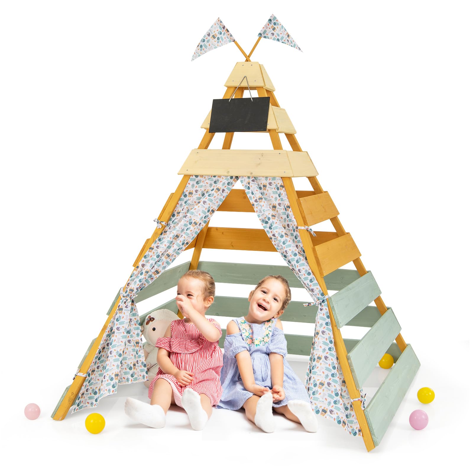GYMAX Large Teepee Tent, Wooden Play Tent with Removable Chalkboard, Washable Flags and Door Curtains, Outdoor Indoor Kids Teepee for 3-8 Years Old Boys Girls, 136x135x170cm