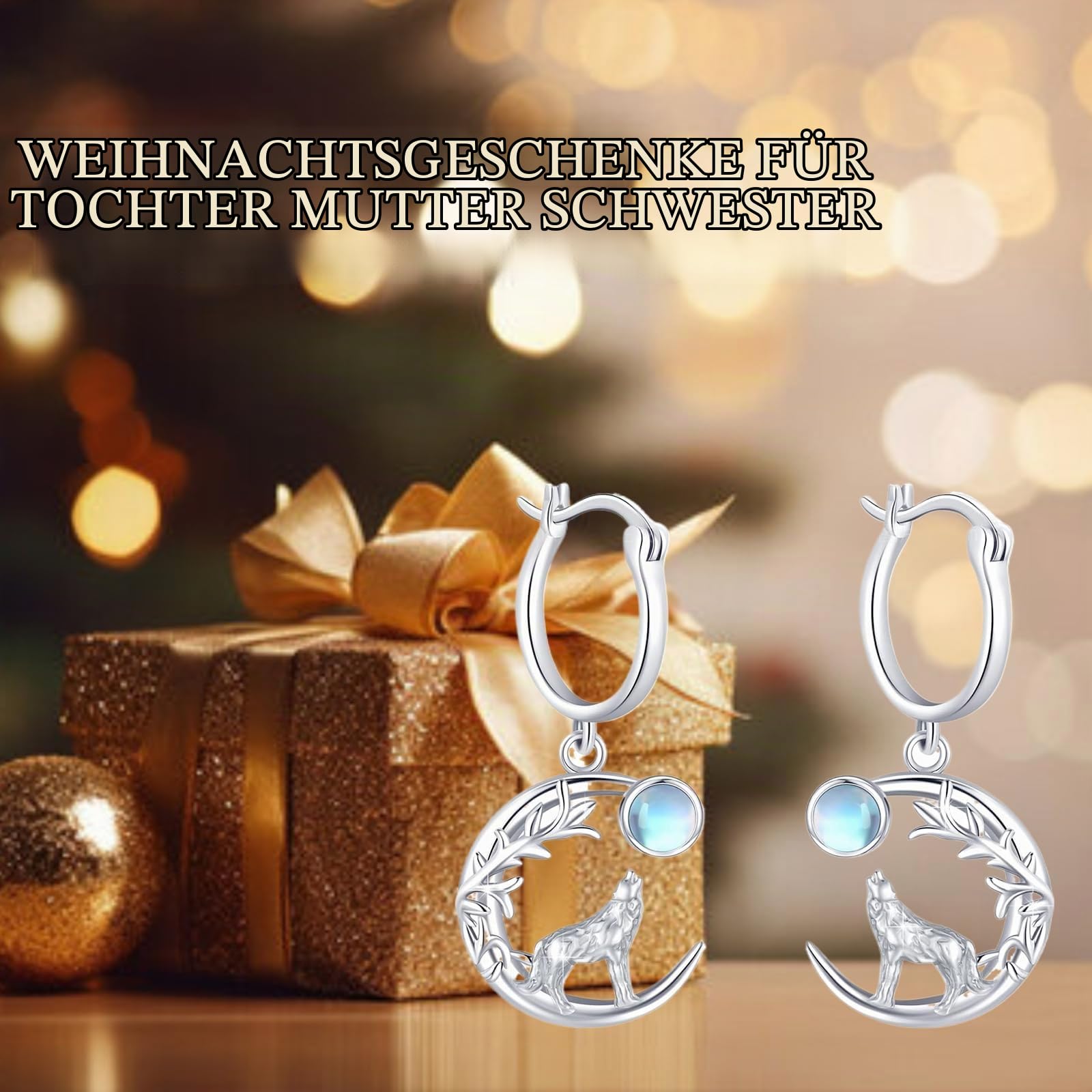 Wolf Ohrringe 925 Sterling Silber Mondstein Ohrstecker Tier Ohrringe Creolen Wolf Ohrstecker Hypoallergene Weihnachten Schmuck Geschenke für Damen