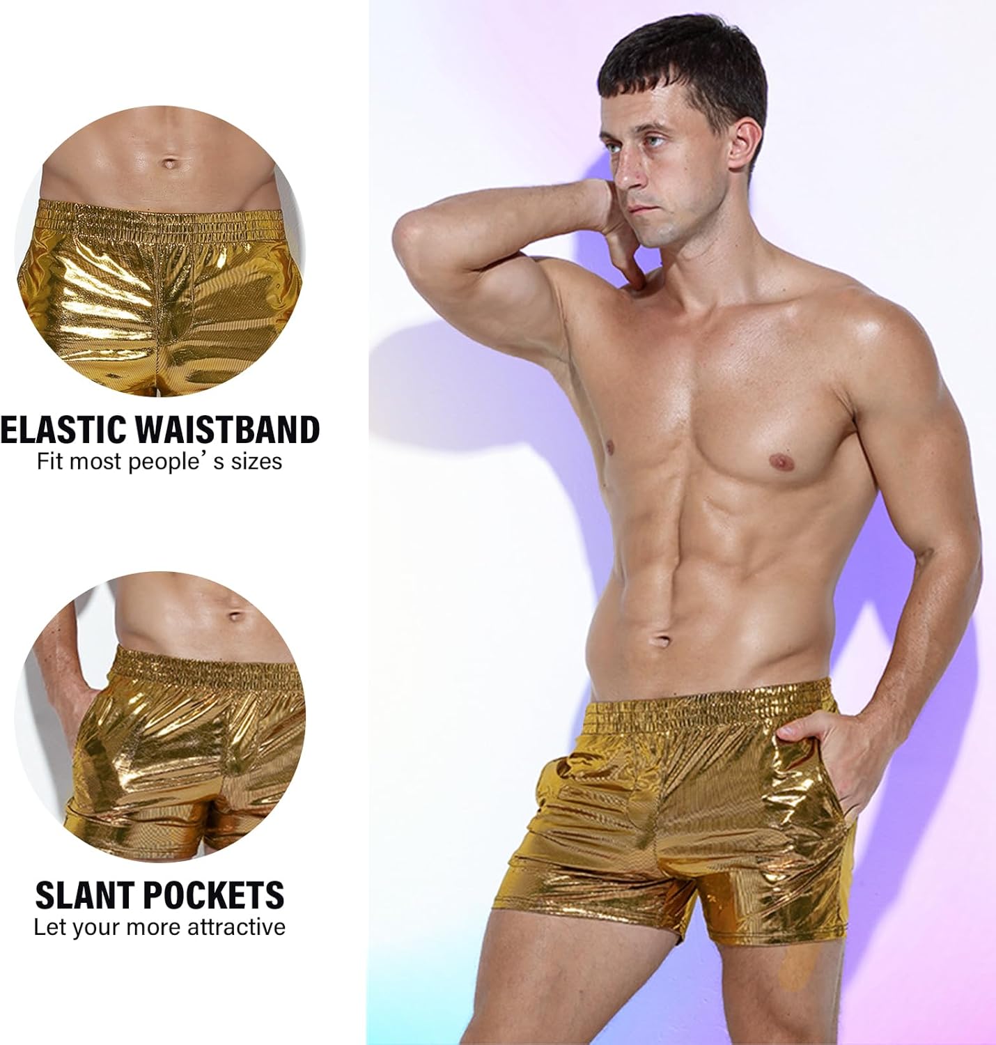 Mens Metallic Shorts Sparkly Shiny Holographic Short Pants Rave Outfits Booty Shorts with Pockets - Image 5