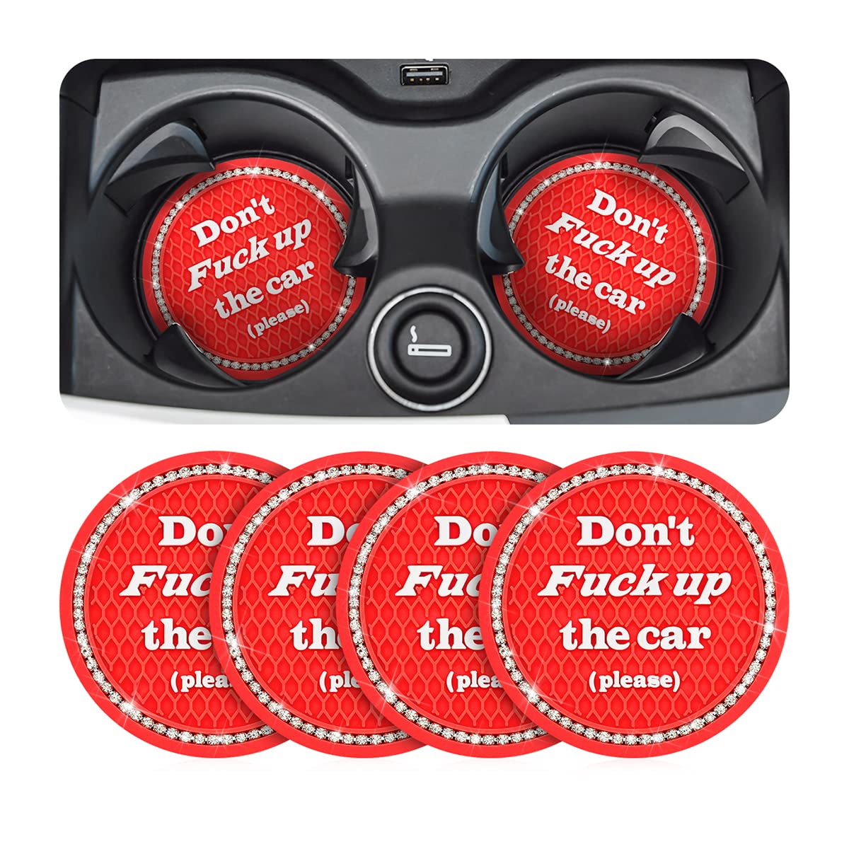 AUCELIBling Car Cup Coaster, 4 Pack Don't Fuck Up The Car Silicone Cup Holder Coaster, 2.75 Inch Crystal Rhinestone Anti-Slip Vehicle Insert Drink Mat, Universal Auto Interior Accessories (Red)