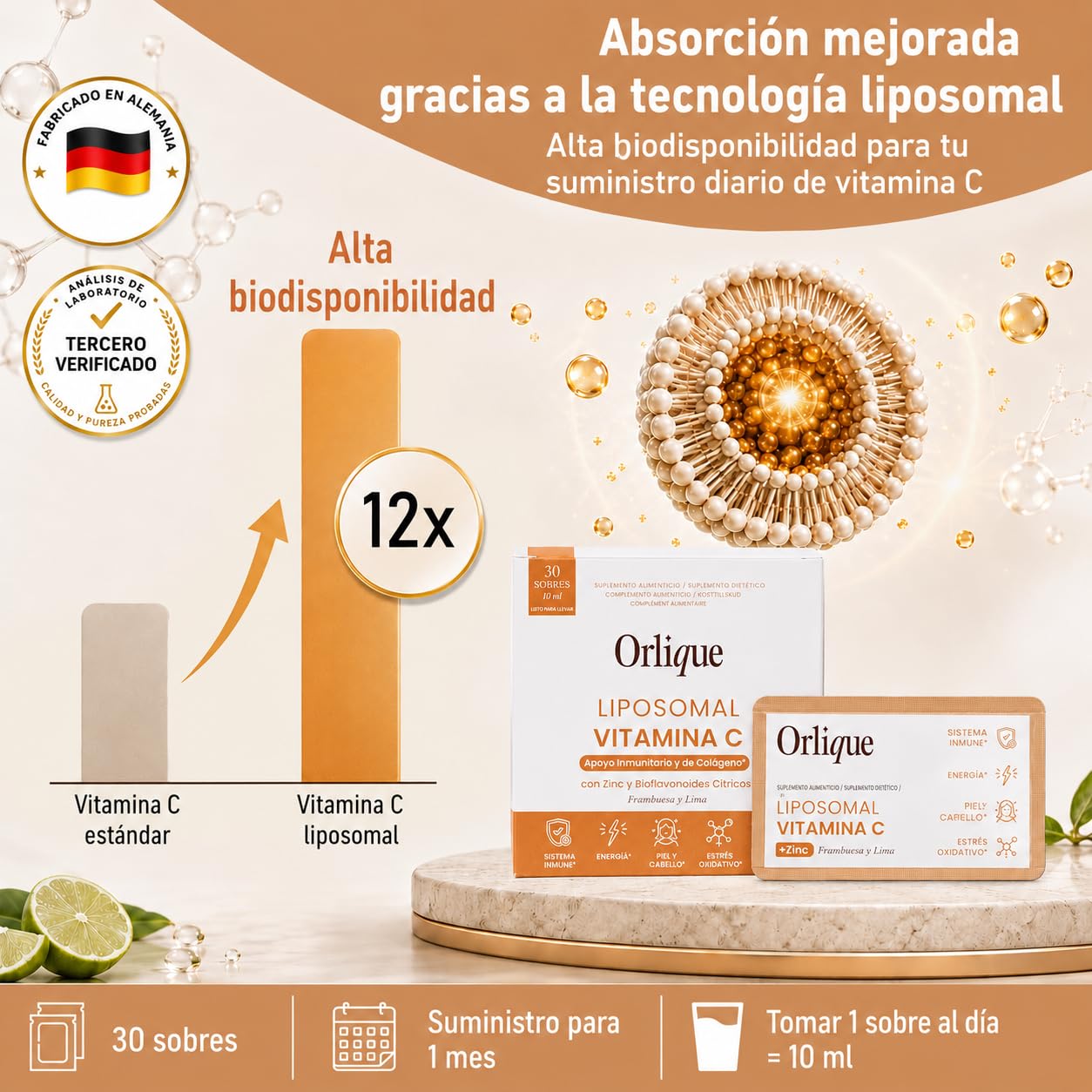 Liposomales Vitamin C 1000mg - Hochdosiert Flüssig mit Zink & Bioflavonoiden - Vegan & Keto-freundlich - Hohe Bioverfügbarkeit - 30 Sachets - Ohne Soja/Gluten, Natürliche Konservierung