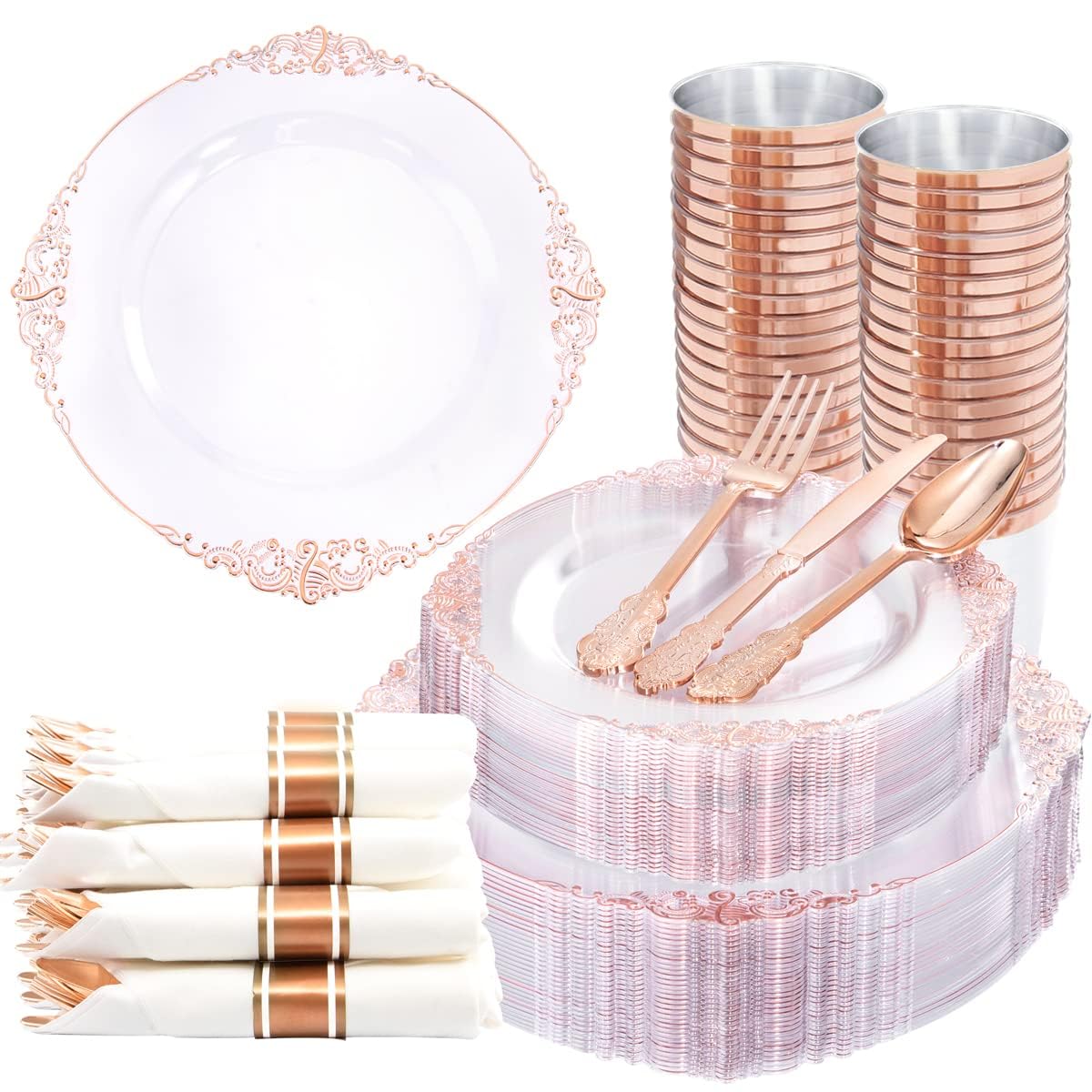 Nervure 350PCS Rose Gold Plastic Plates - Rose Gold Plastic Dinnerware Sets for 50 Guests - 100 Disposable Plates, 150 Silverware, 50 Cups, 50 Napkins Perfect for Wedding & Party