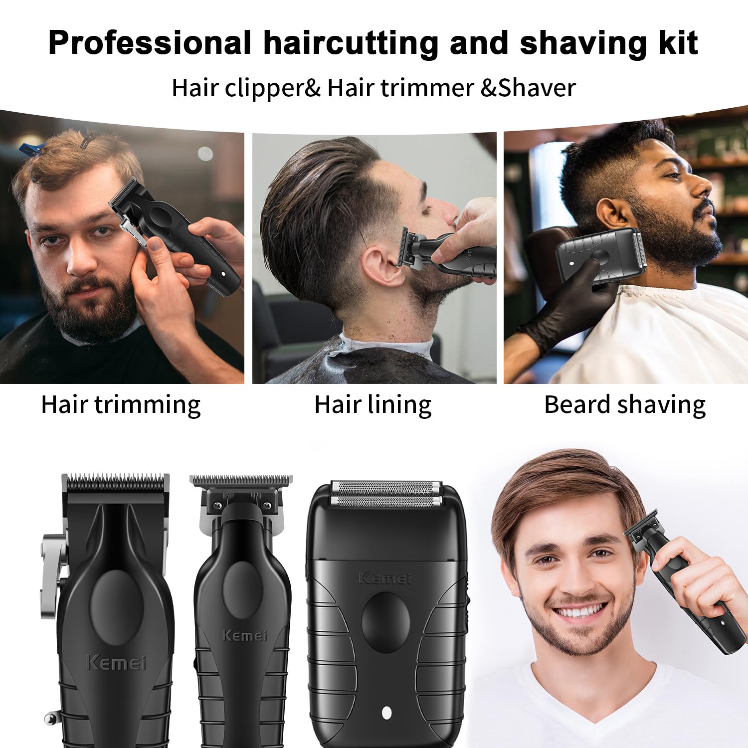 KEMEI Maquina de Cortar Pelo Hombre, Inalámbrico Cortapelos, Recortador de Barba con Hoja en T DLC, Afeitadora de Láminas, Kit de Afeitado y Corte de Pelo Eléctrico con 11 Guías