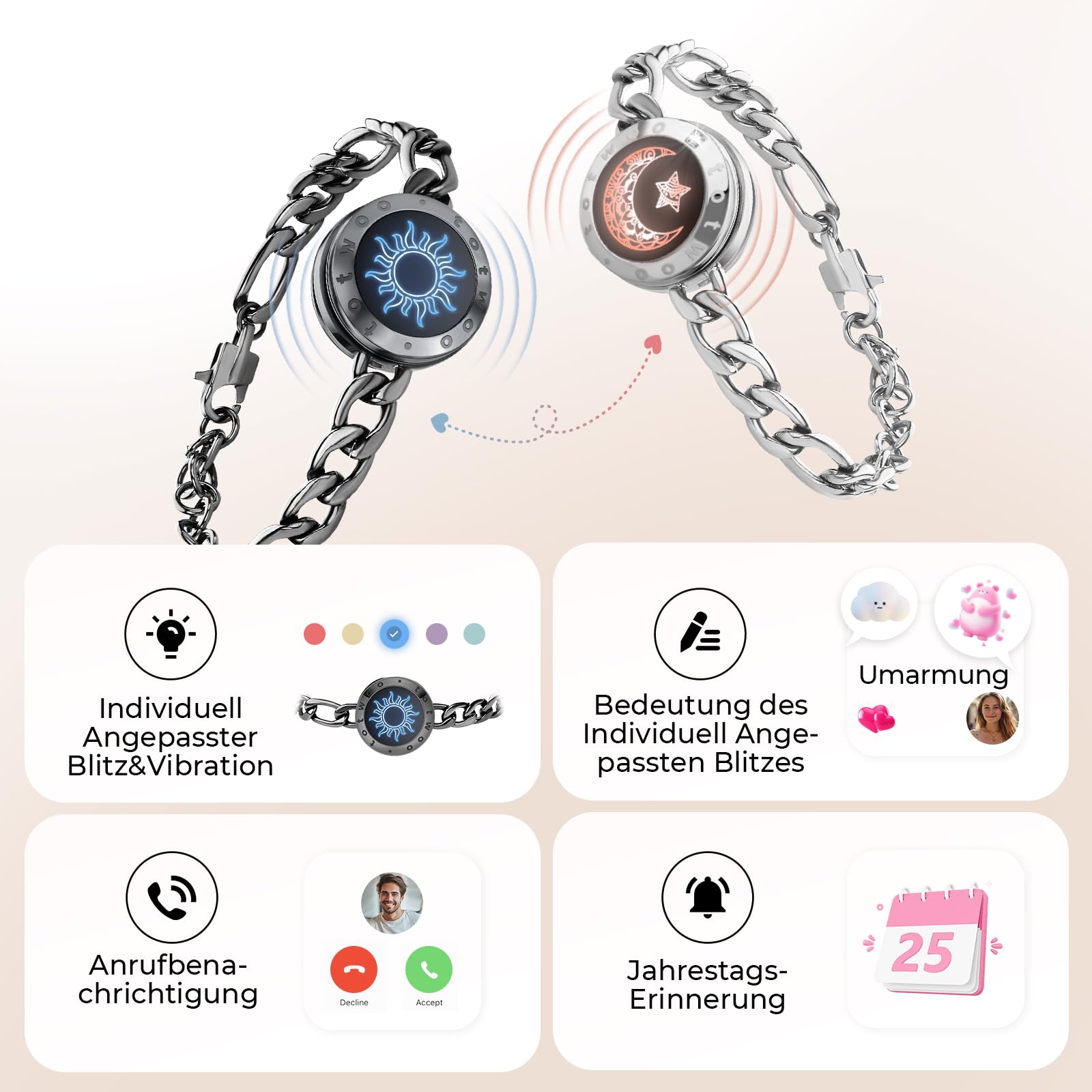 TOTWOO Braccialetti di Coppia Touch con Collegamento Bluetooth Uno a Uno tramite App, Luci e Vibrazioni – Regalo Perfetto per San Valentino e Coppie a Distanza, in Acciaio Inossidabile 316L